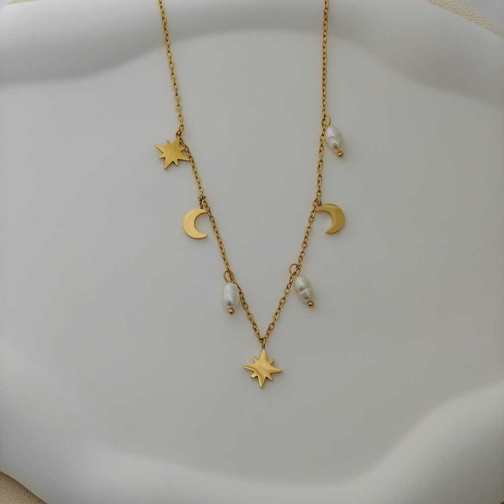 Anti-Tarnish Korean Necklace with Star and Moon Charms & Pearls