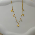 Anti-Tarnish Korean Necklace with Star and Moon Charms & Pearls