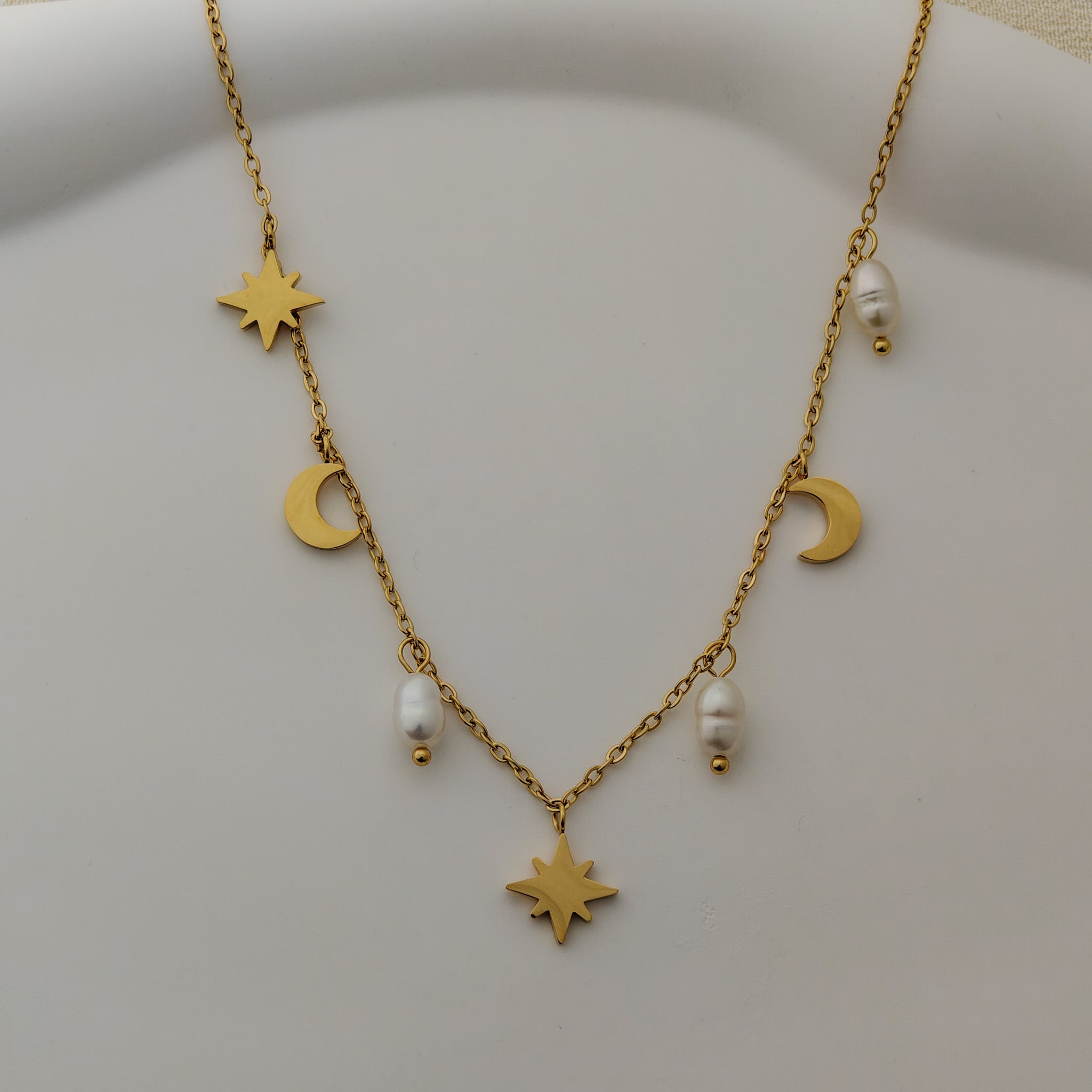 Anti-Tarnish Korean Necklace with Star and Moon Charms & Pearls
