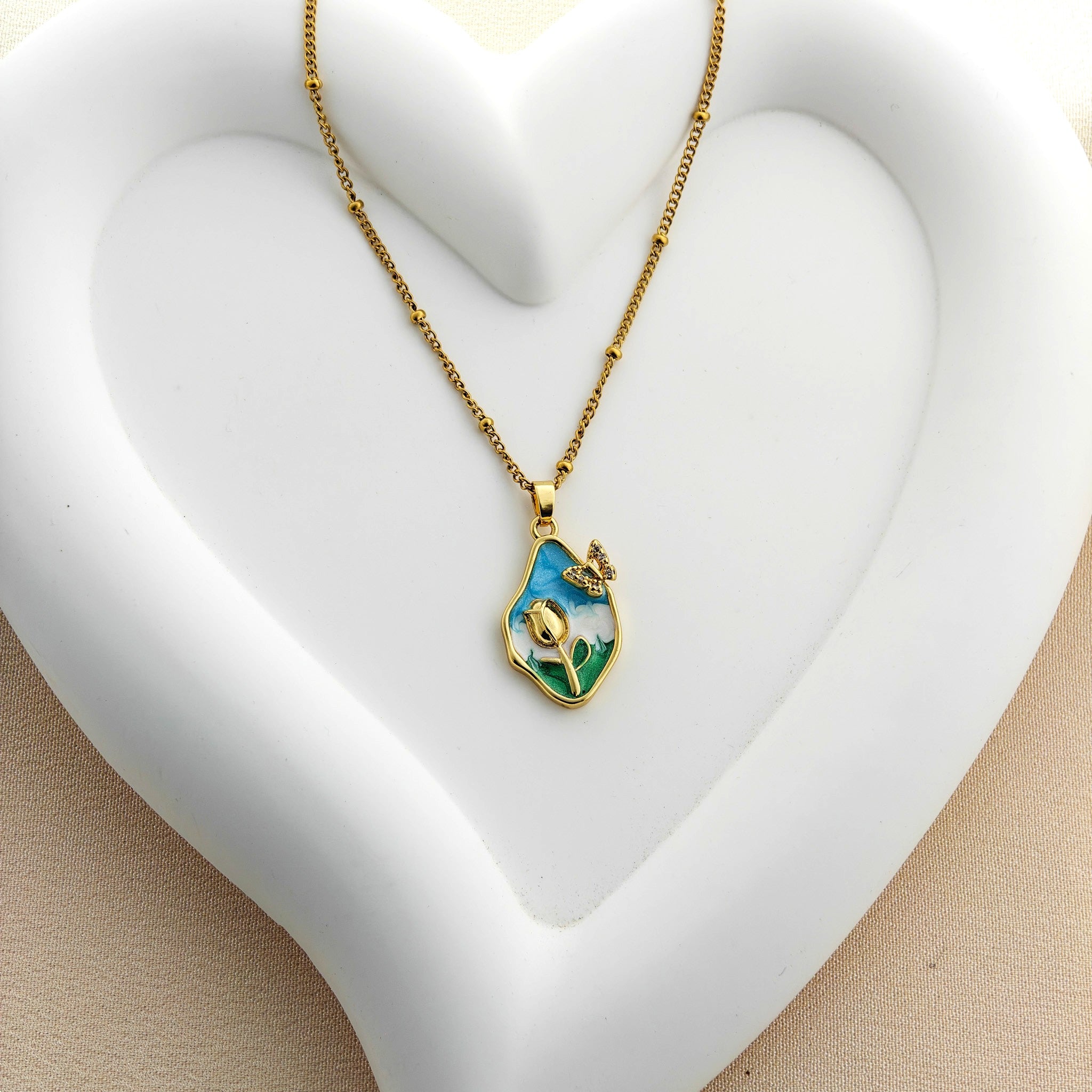 Anti-Tarnish Korean Enamel Tulip and Butterfly Necklace