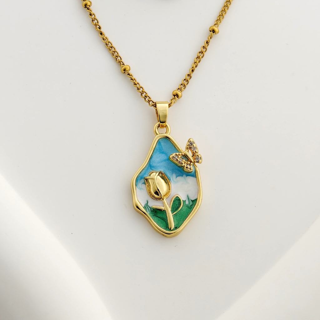 Anti-Tarnish Korean Enamel Tulip and Butterfly Necklace