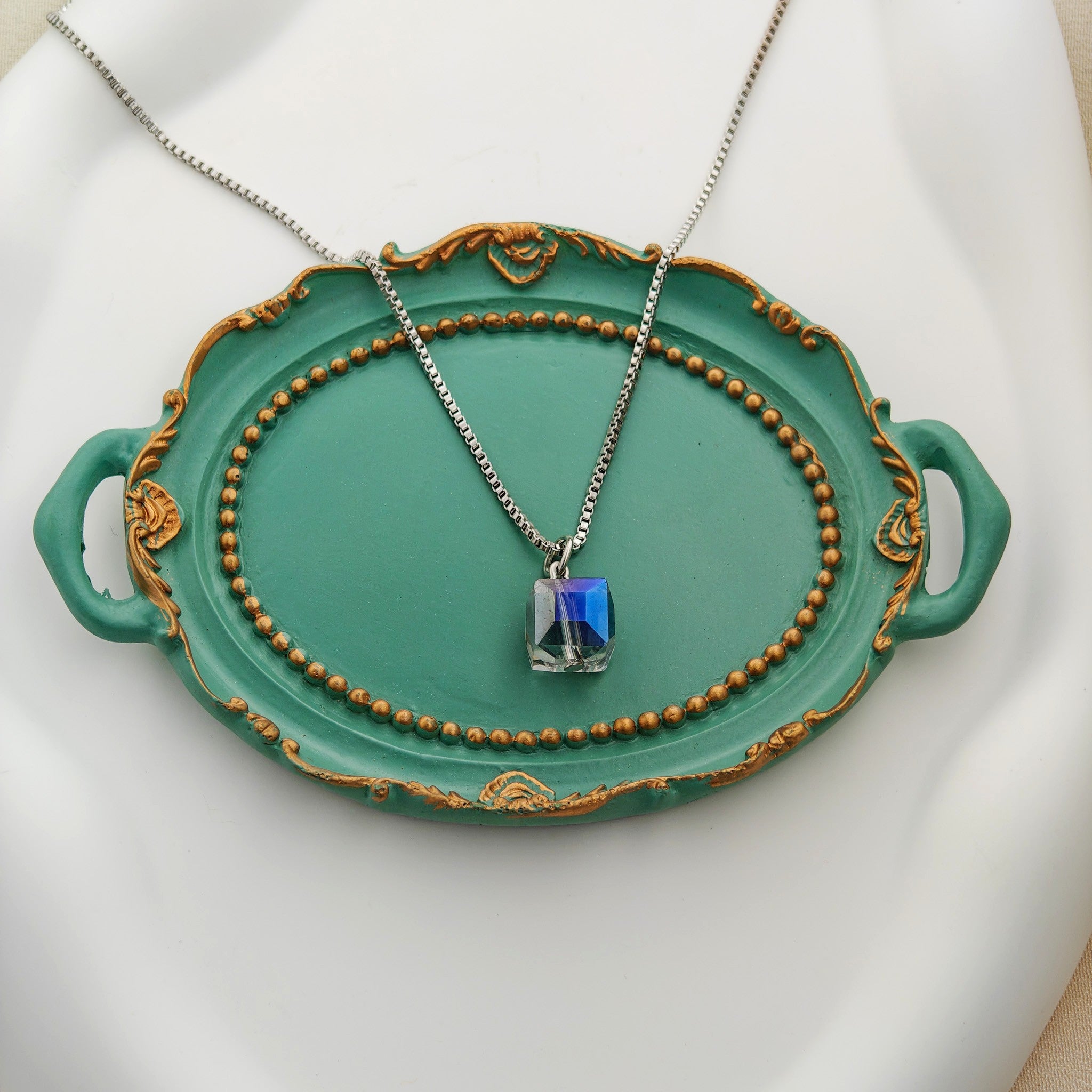 Korean Anti-Tarnish Crystal Cube Necklace