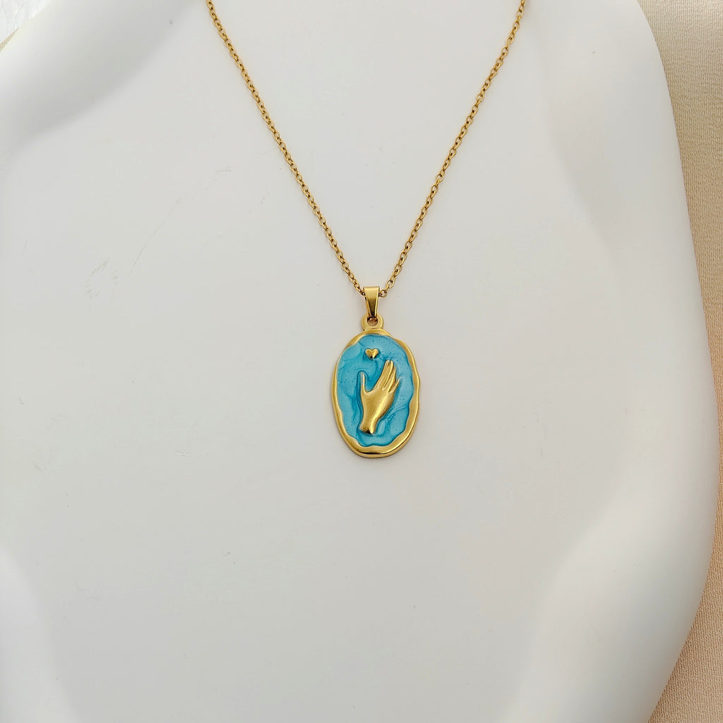 Anti-Tarnish Korean Blue Hand Pendant – Trendy & Affordable Necklace