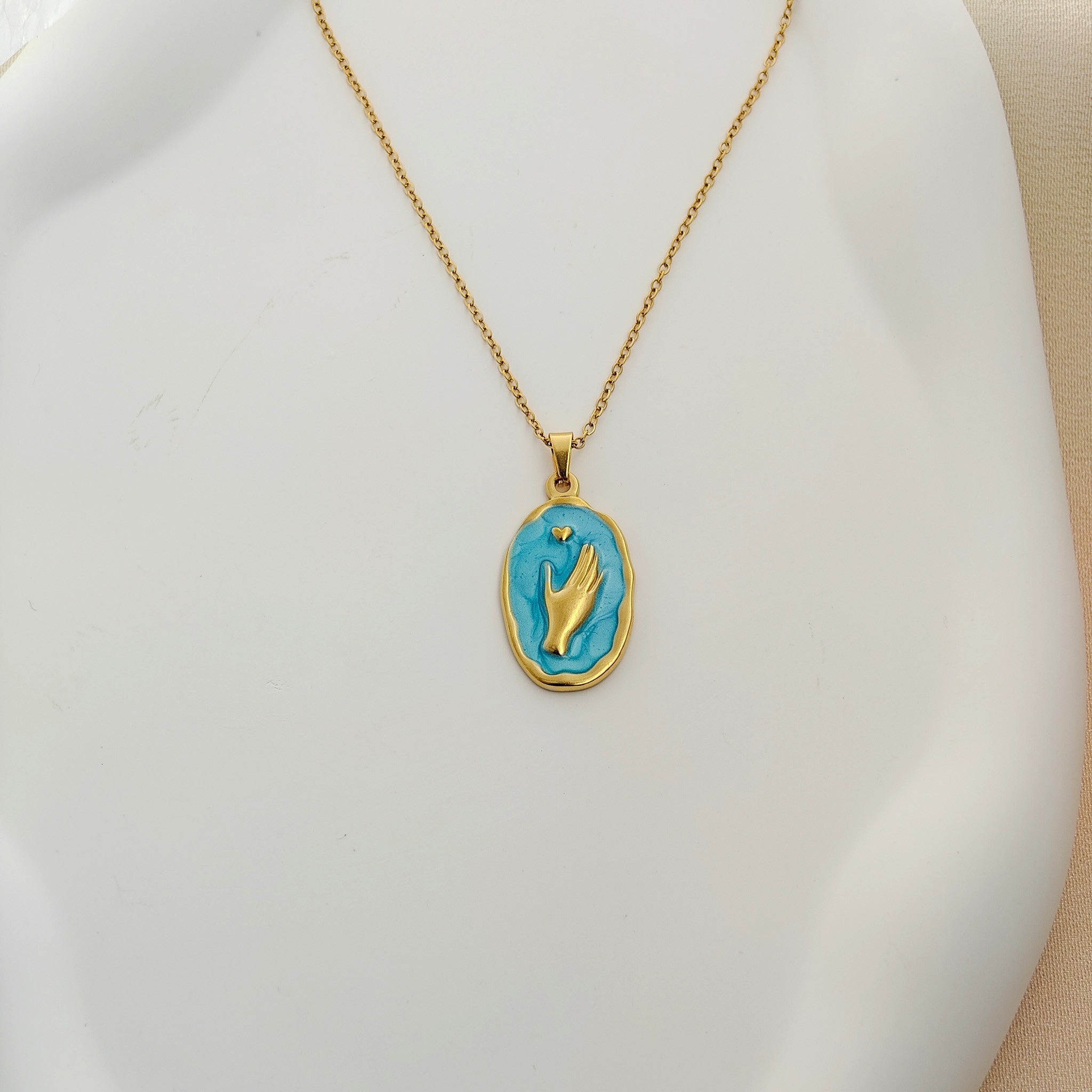 Anti-Tarnish Korean Blue Hand Pendant – Trendy & Affordable Necklace