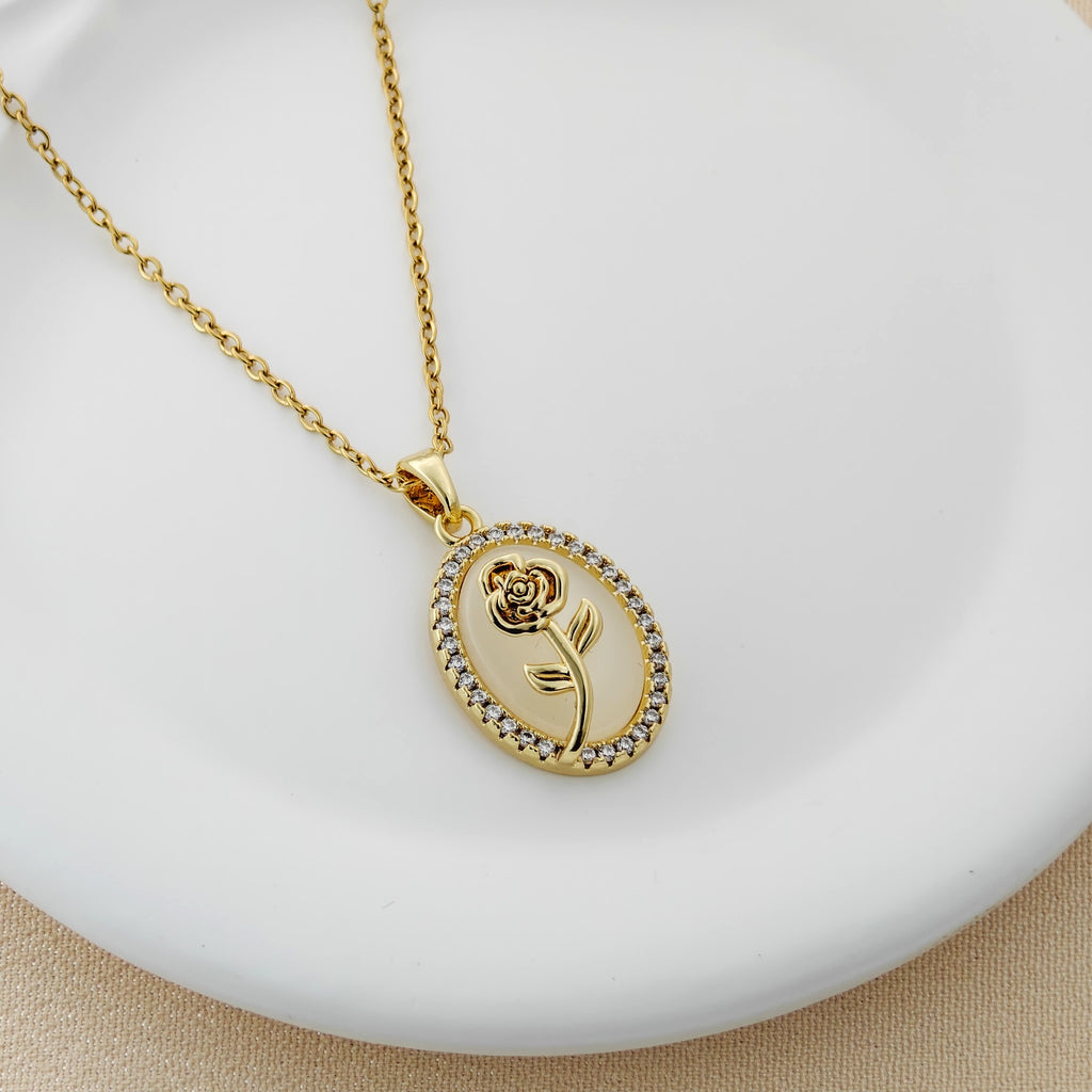 Enchanted Rose Oval Pendant – Korean Anti-Tarnish Necklace