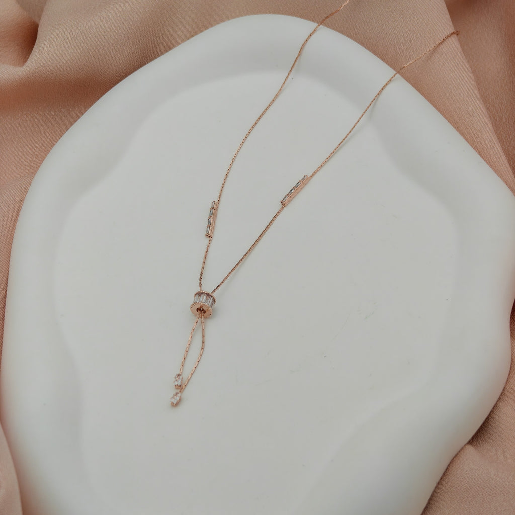 Anti-Tarnish Korean Adjustable Rose Gold Necklace with Baguette Accents