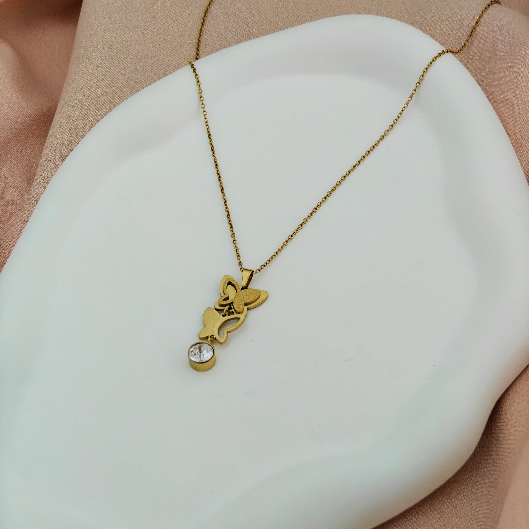 Korean Anti-Tarnish Butterfly and Crystal Lariat Necklace