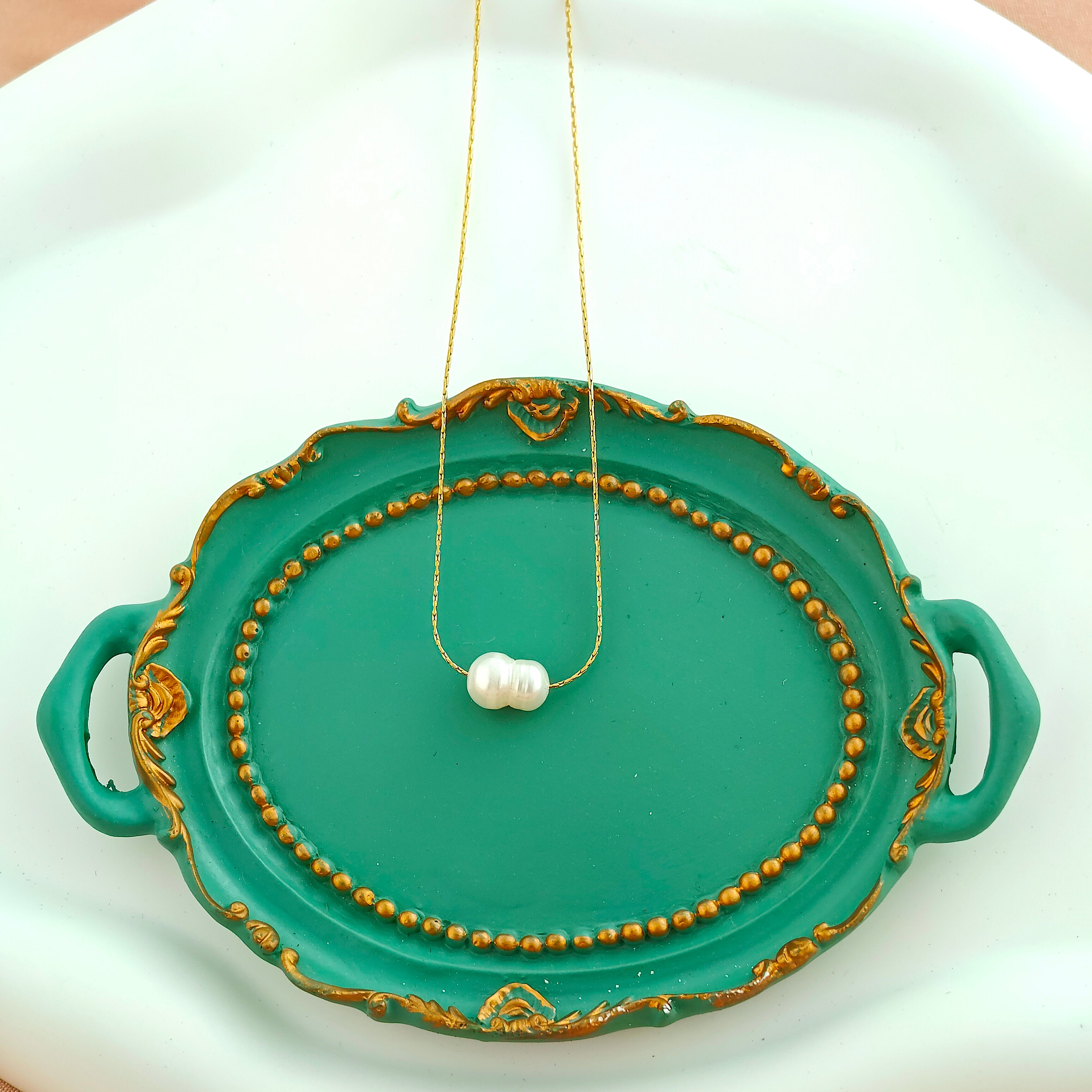 Double Pearl Anti-Tarnish Korean Peanut Shape Necklace