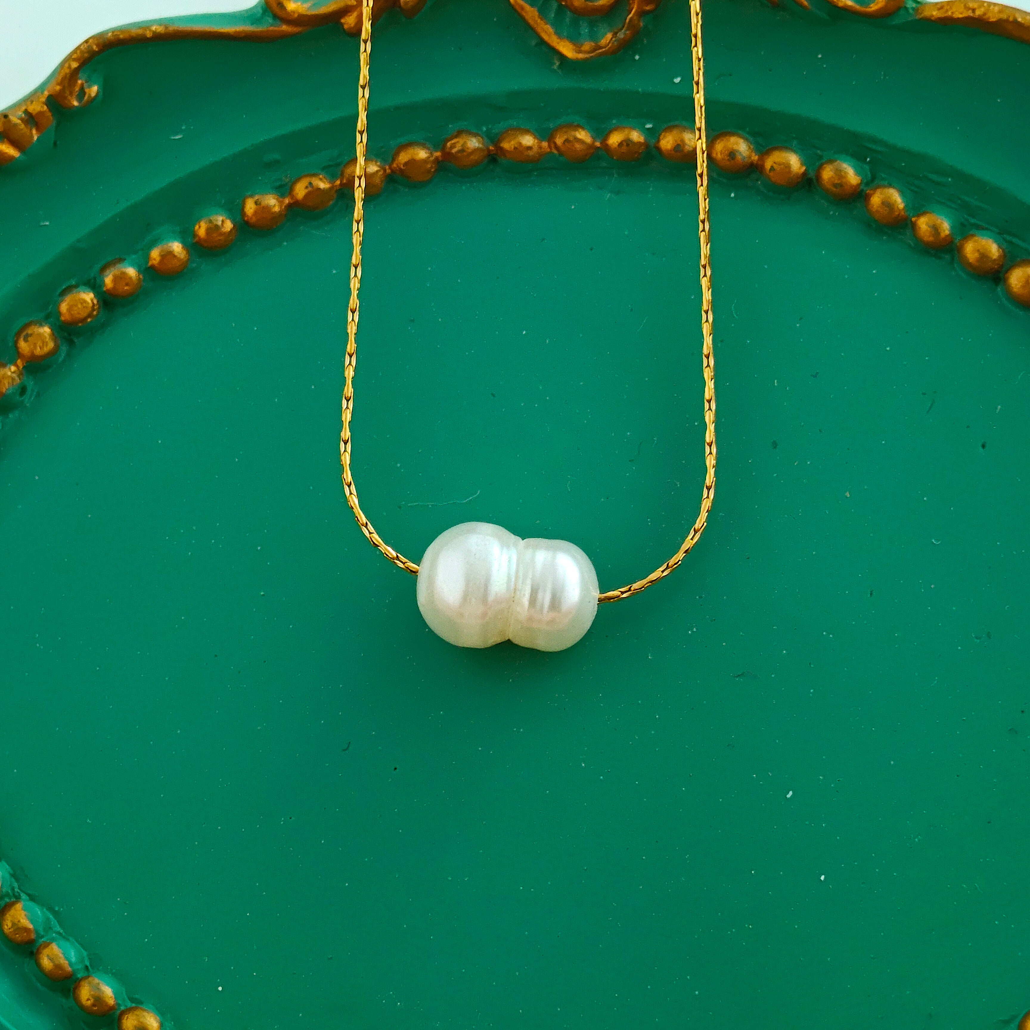 Double Pearl Anti-Tarnish Korean Peanut Shape Necklace