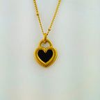 Two-Sided Heart Padlock Anti-Tarnish Korean Necklace (Black & White Inlay)