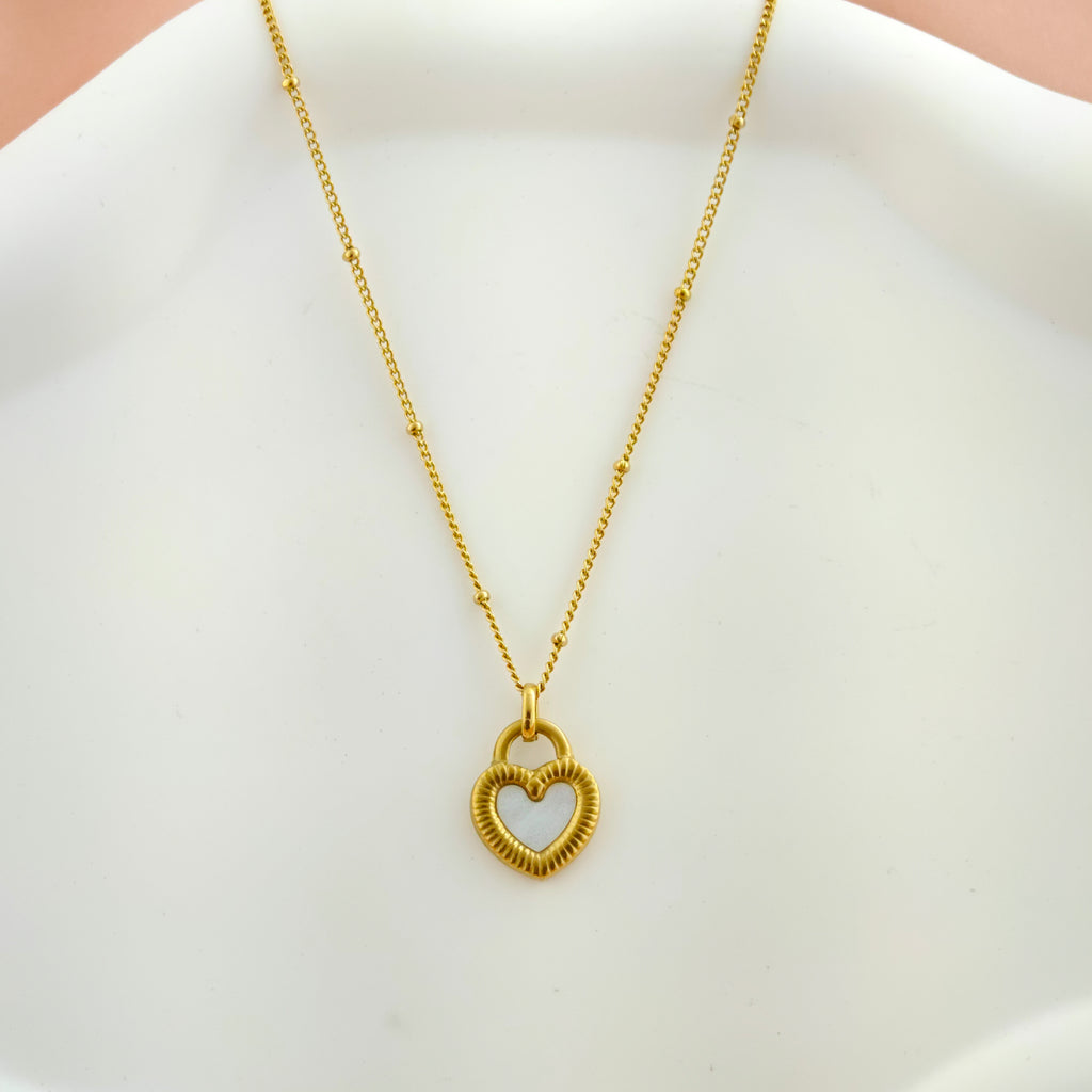 Two-Sided Heart Padlock Anti-Tarnish Korean Necklace (Black & White Inlay)