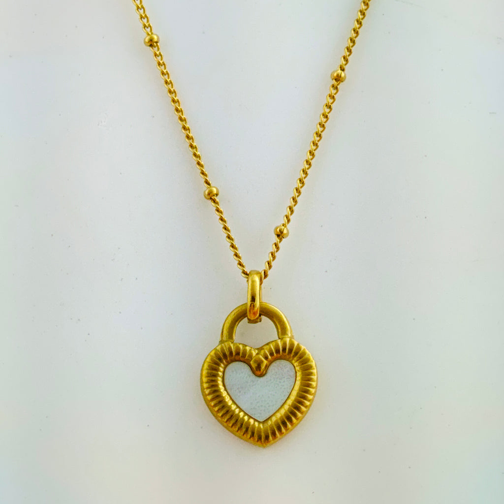 Two-Sided Heart Padlock Anti-Tarnish Korean Necklace (Black & White Inlay)