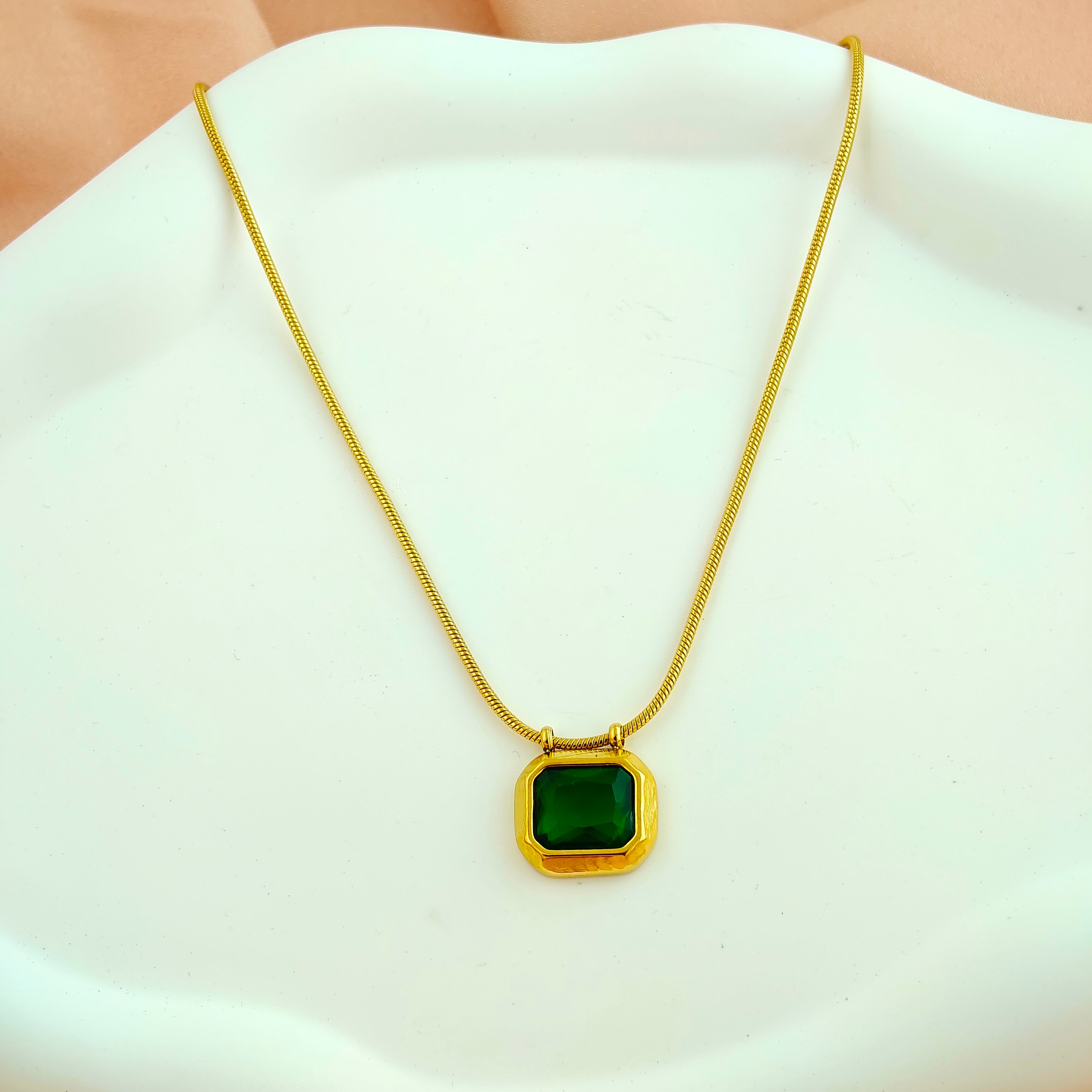 Emerald Cut Square Anti-Tarnish Korean Green Stone Necklace