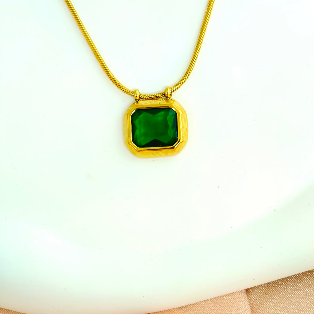 Emerald Cut Square Anti-Tarnish Korean Green Stone Necklace