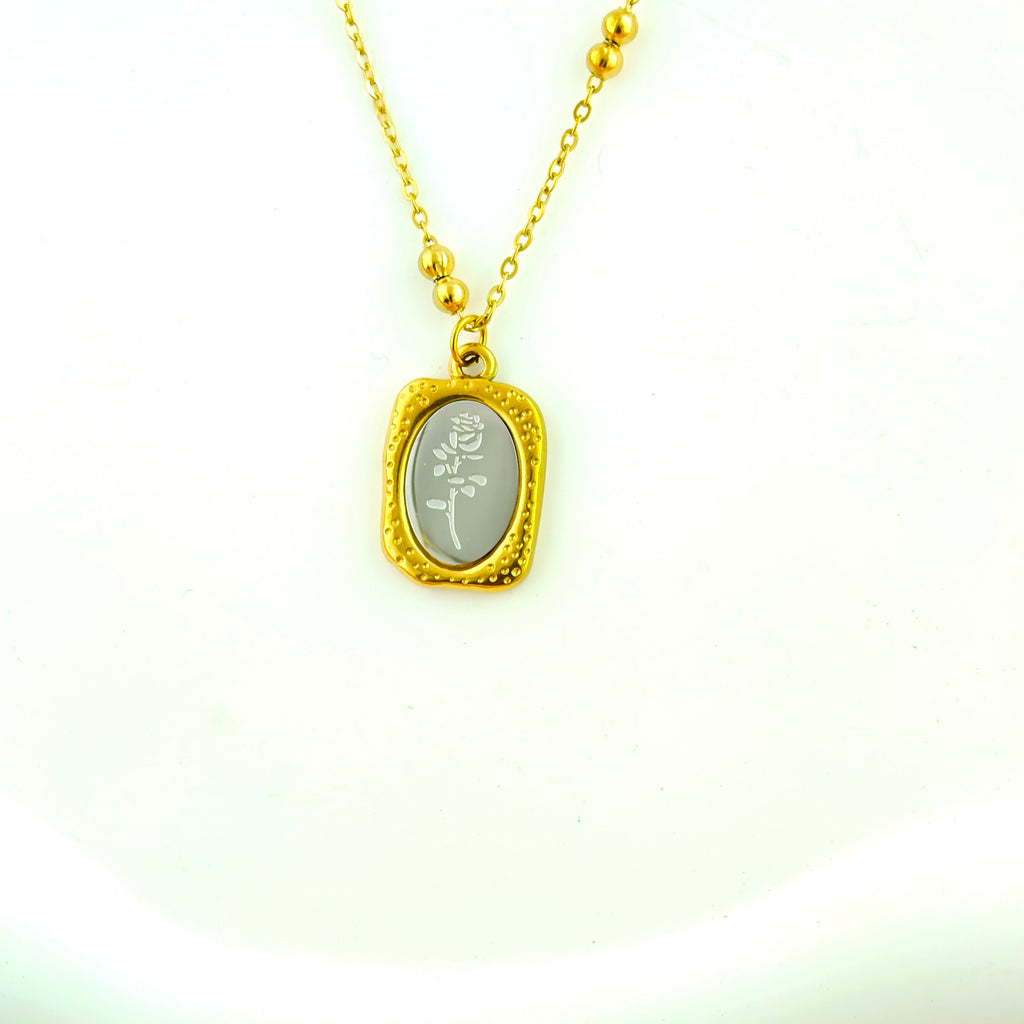 Rounded Rectangle Rose Anti-Tarnish Korean Engraved Pendant Necklace