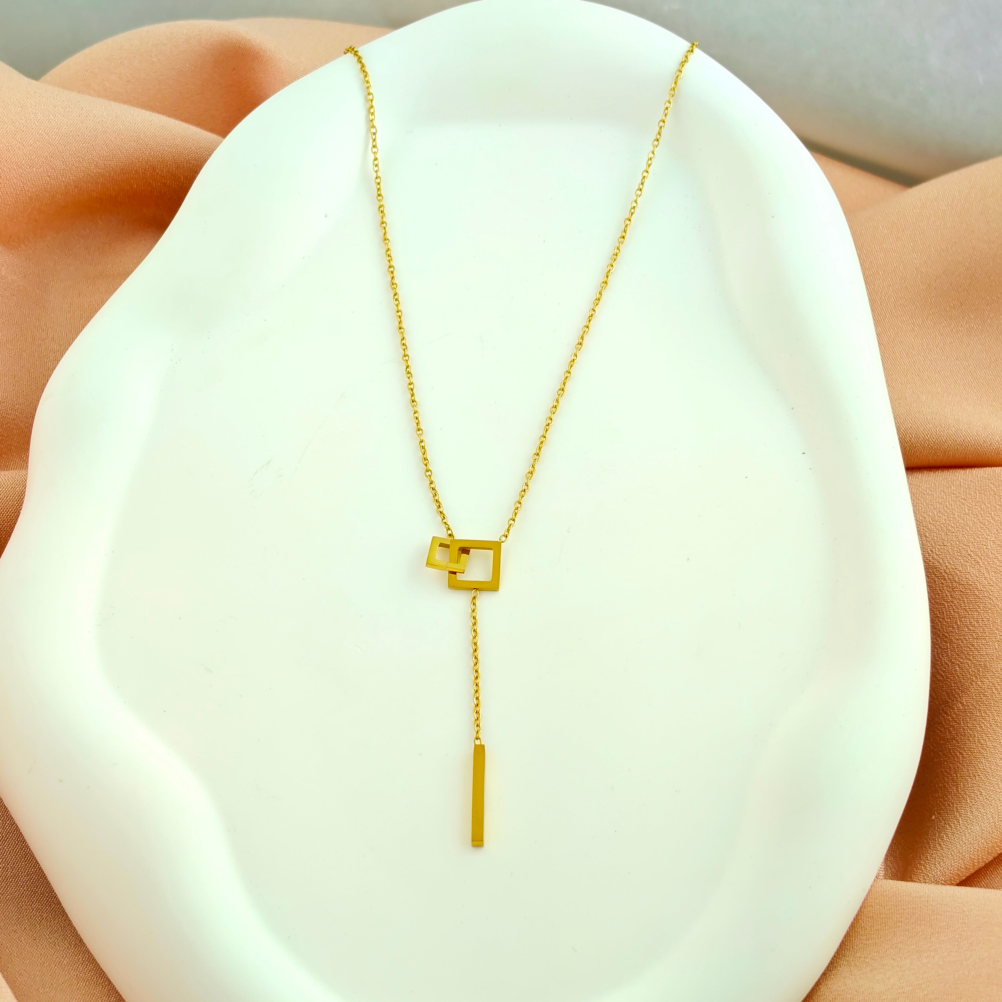 Modern Open Square Anti-Tarnish Korean Gold Plated Lariat Necklace