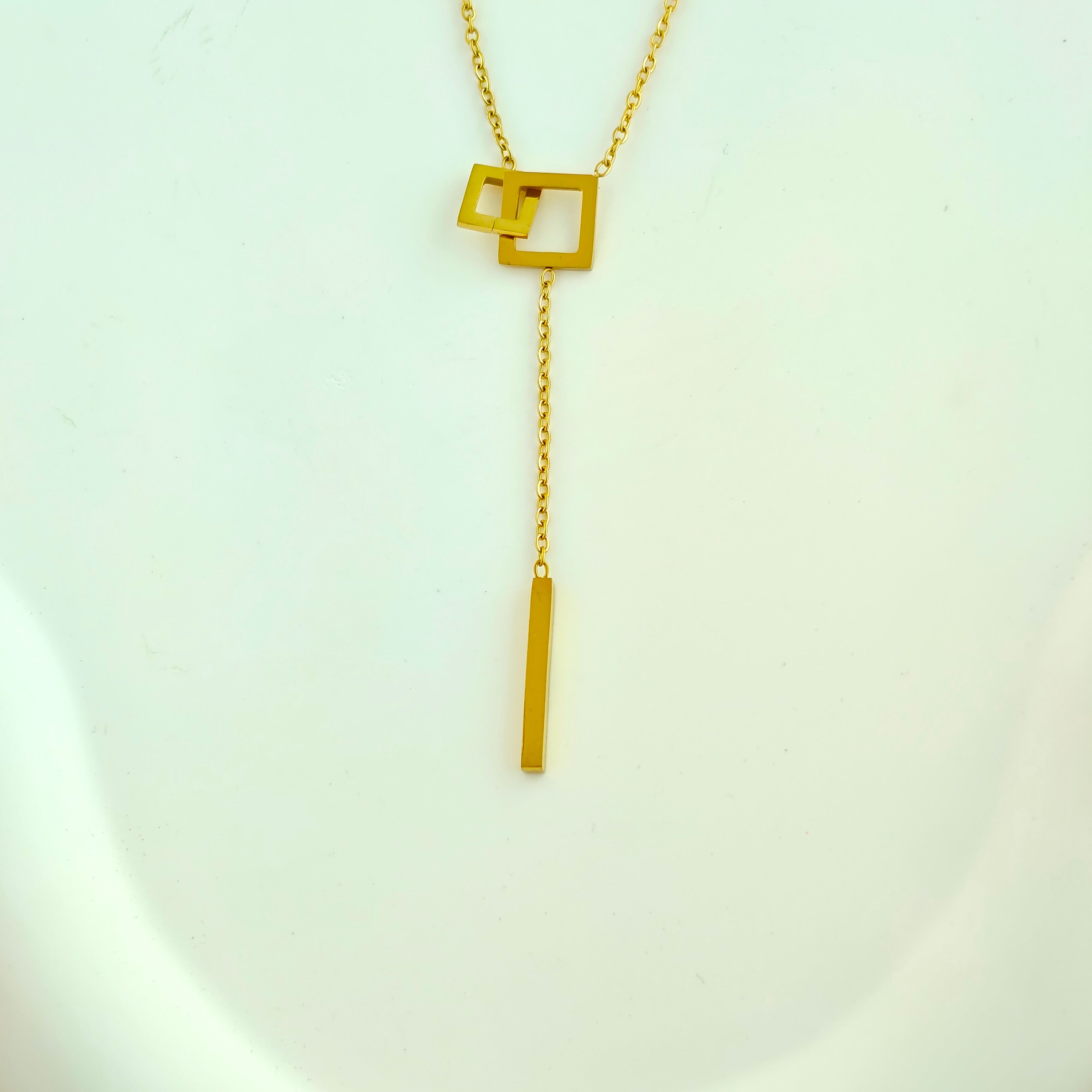 Modern Open Square Anti-Tarnish Korean Gold Plated Lariat Necklace