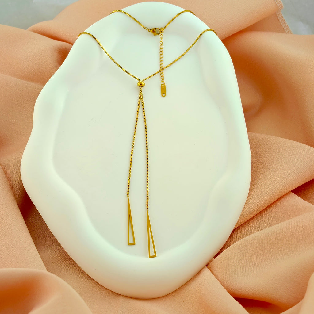 Sleek Dangle: Anti-Tarnish Korean Lariat Necklace with Open Triangle Charms