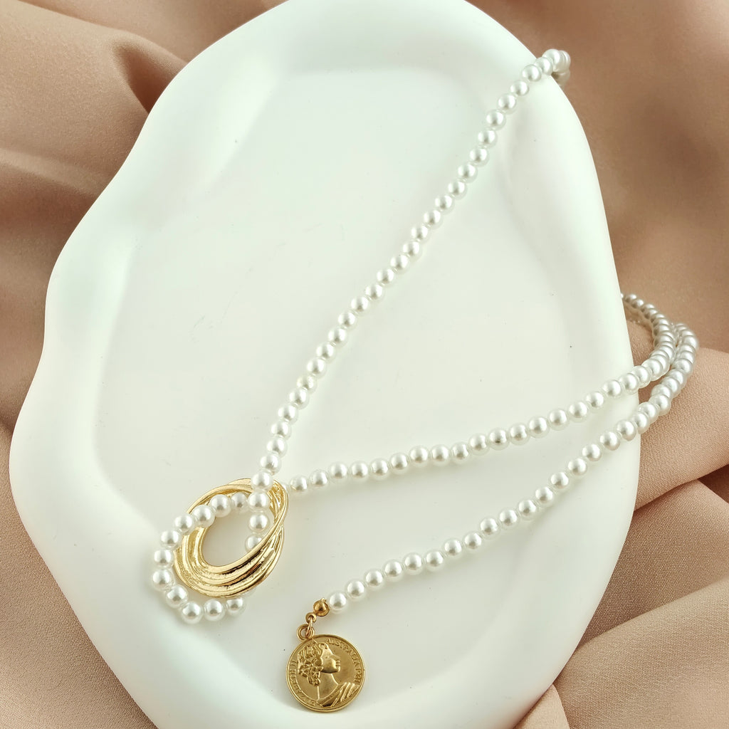 Korean Anti-Tarnish Pearl Chain Set Featuring Queen Elizabeth Coin Charm