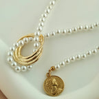 Korean Anti-Tarnish Pearl Chain Set Featuring Queen Elizabeth Coin Charm