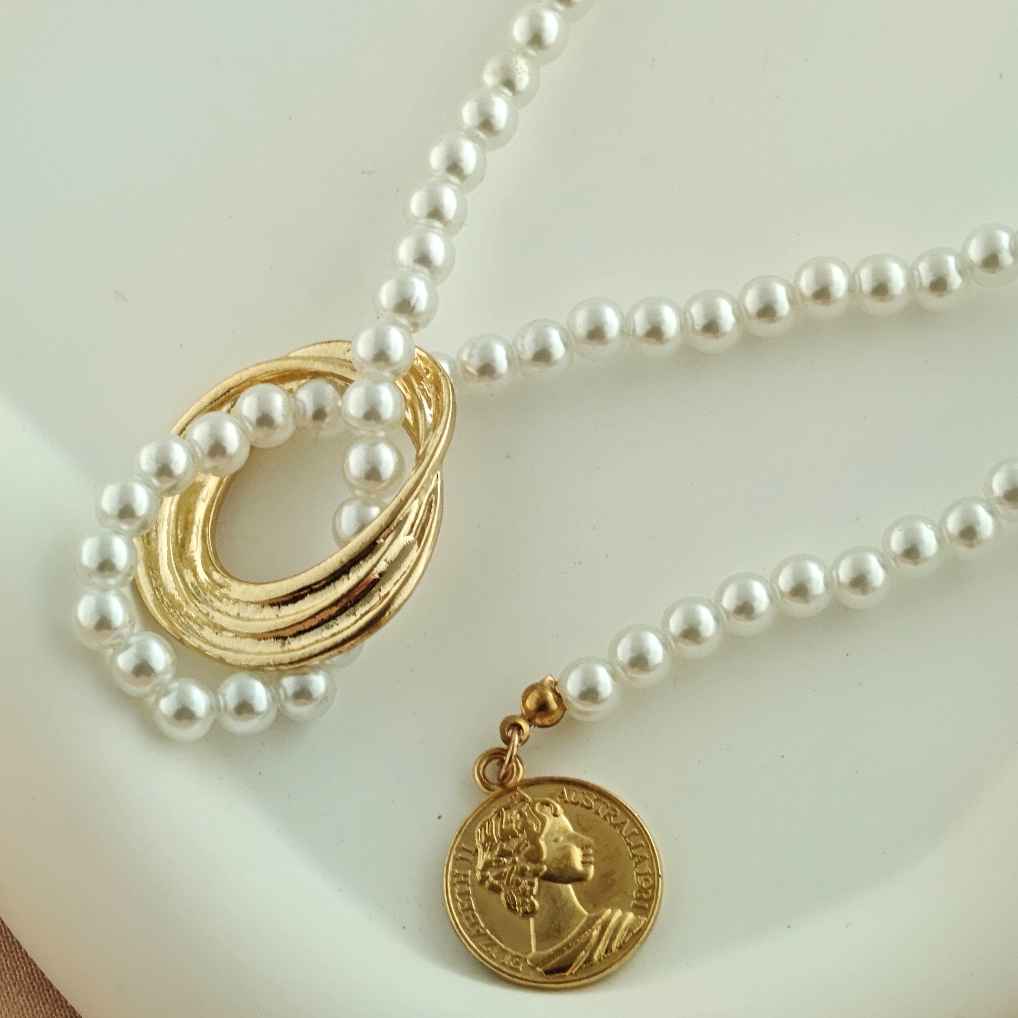 Korean Anti-Tarnish Pearl Chain Set Featuring Queen Elizabeth Coin Charm