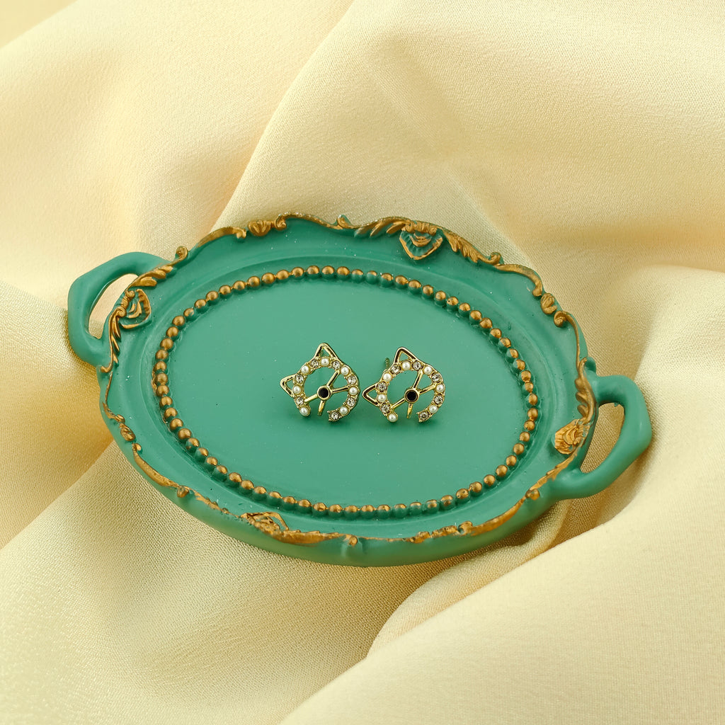 Anti-Tarnish Korean Cat Stud Earrings with Crystals