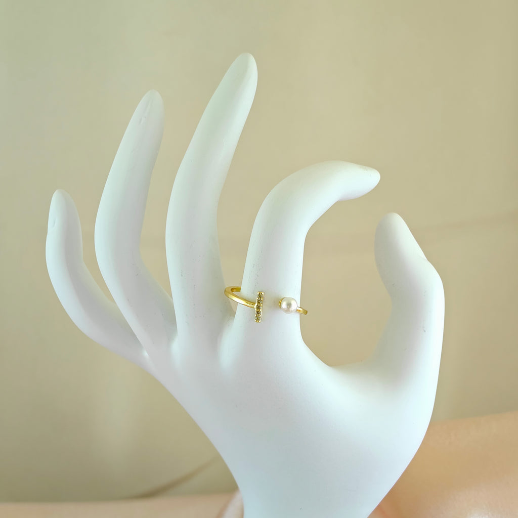 Gold-Plated Anti-Tarnish Korean Adjustable Ring with Pearl & Zircon