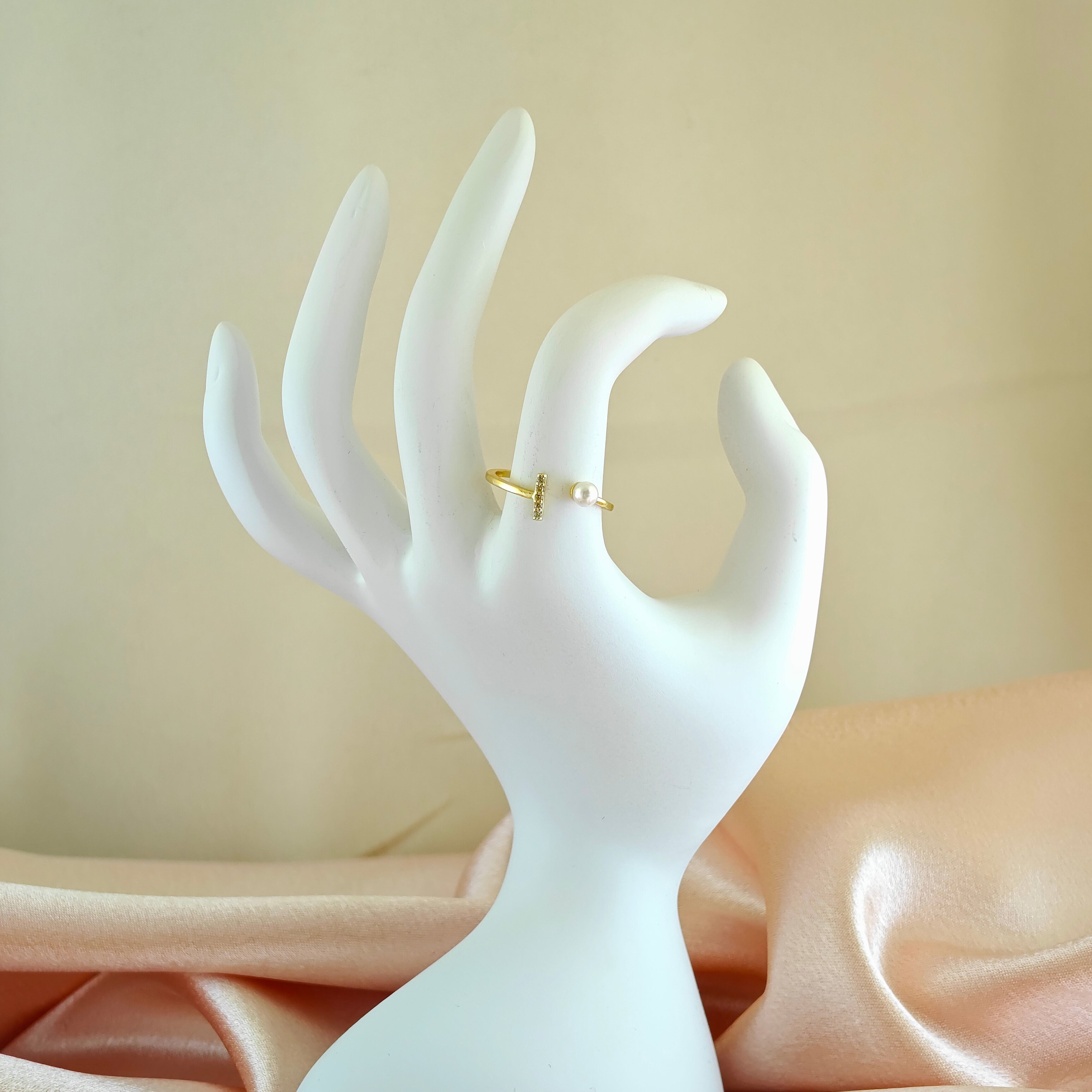 Gold-Plated Anti-Tarnish Korean Adjustable Ring with Pearl & Zircon