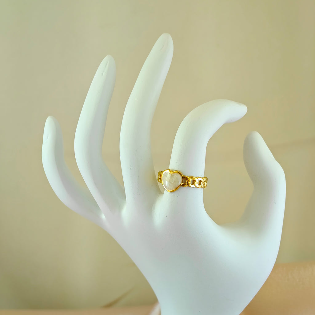 Korean Anti Tarnish Jewelry  Luxe Gold-Tone Heart Accented Chain Ring