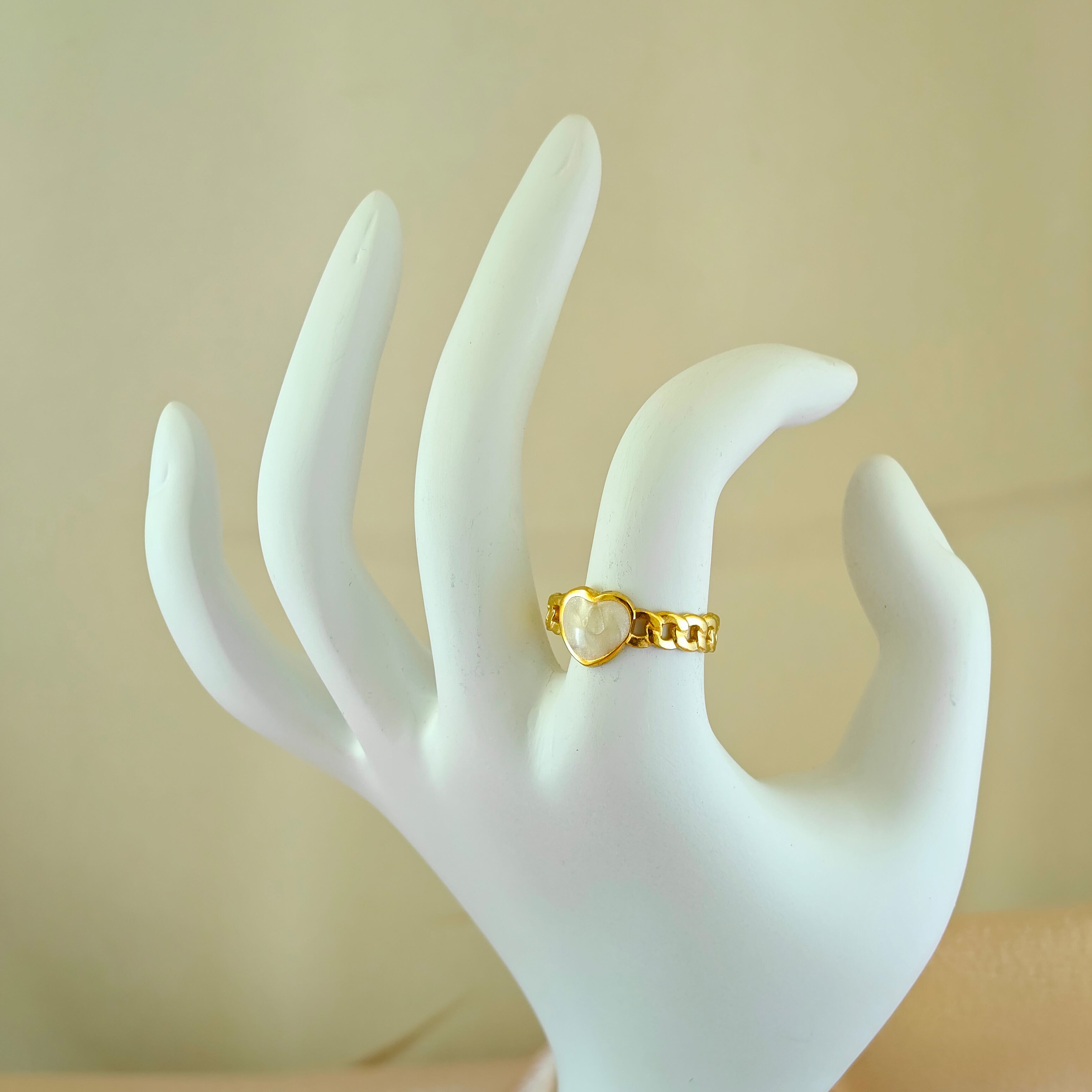 Korean Anti Tarnish Jewelry  Luxe Gold-Tone Heart Accented Chain Ring