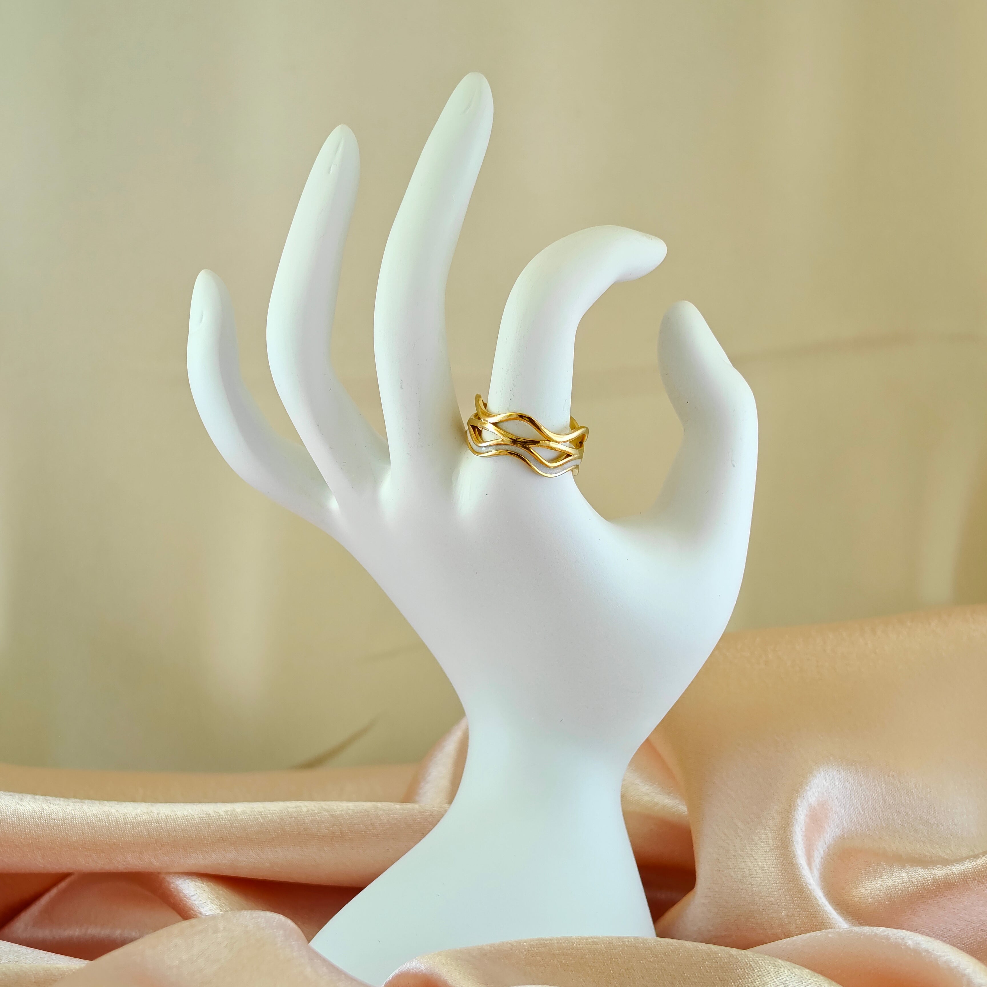 Korean Anti Tarnish Jewelry  Gold Abstract Triple Wave Ring