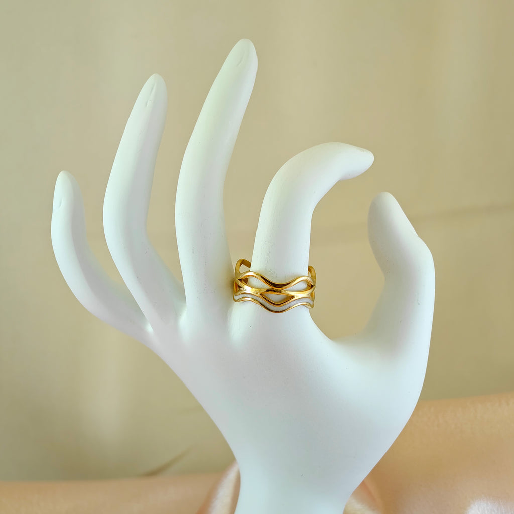 Korean Anti Tarnish Jewelry  Gold Abstract Triple Wave Ring