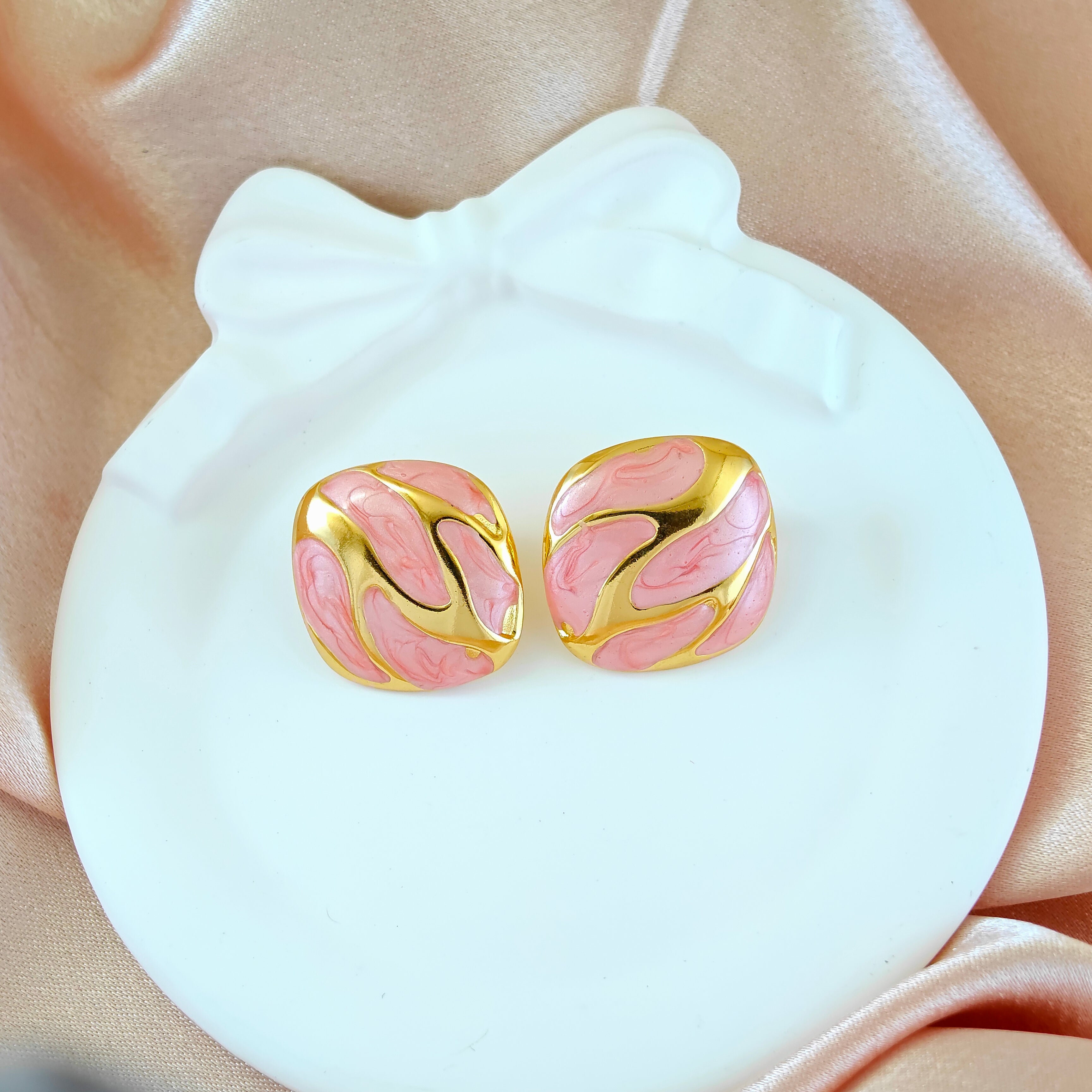 Pink Enamel Gold Anti Tarnish Korean Stud Earrings