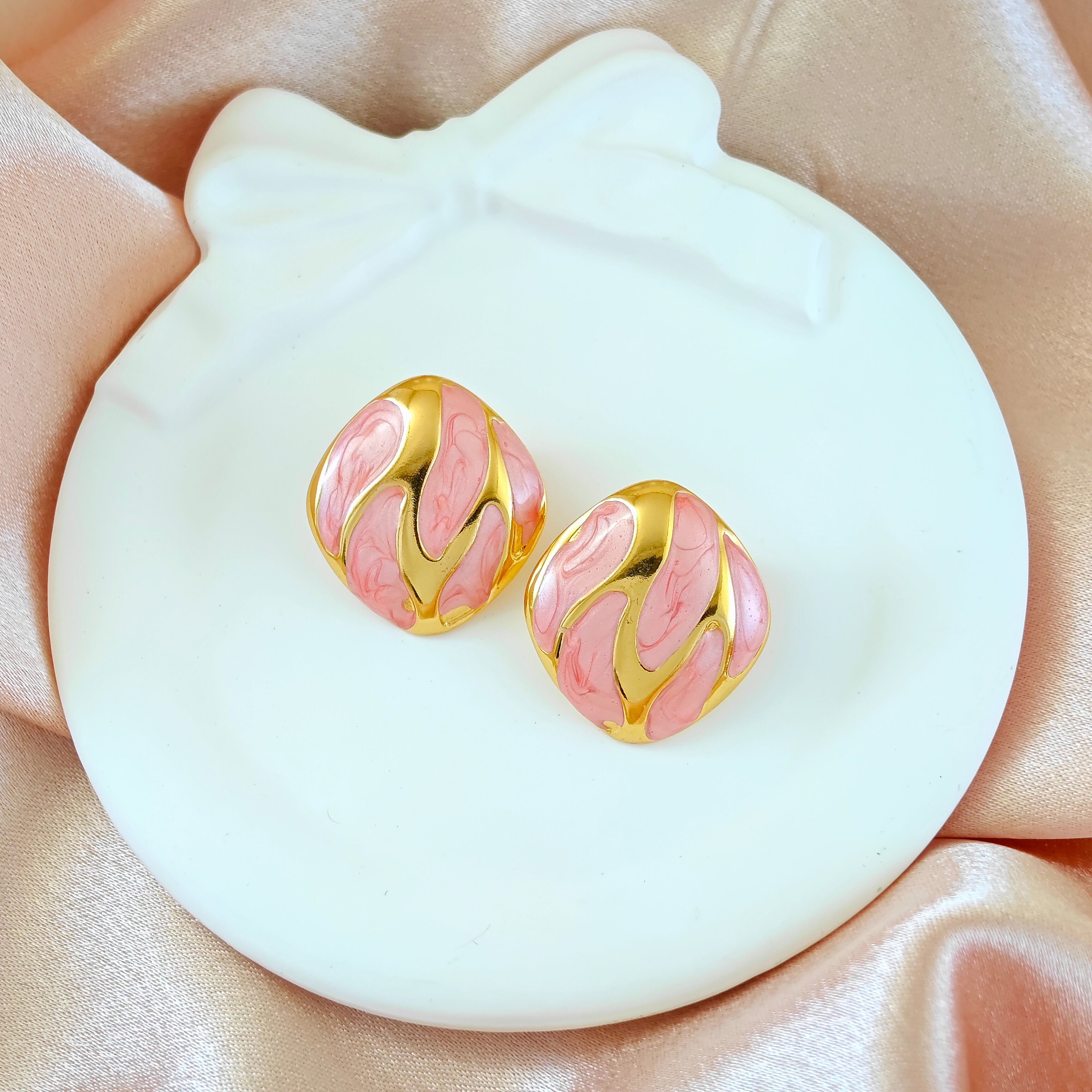 Pink Enamel Gold Anti Tarnish Korean Stud Earrings
