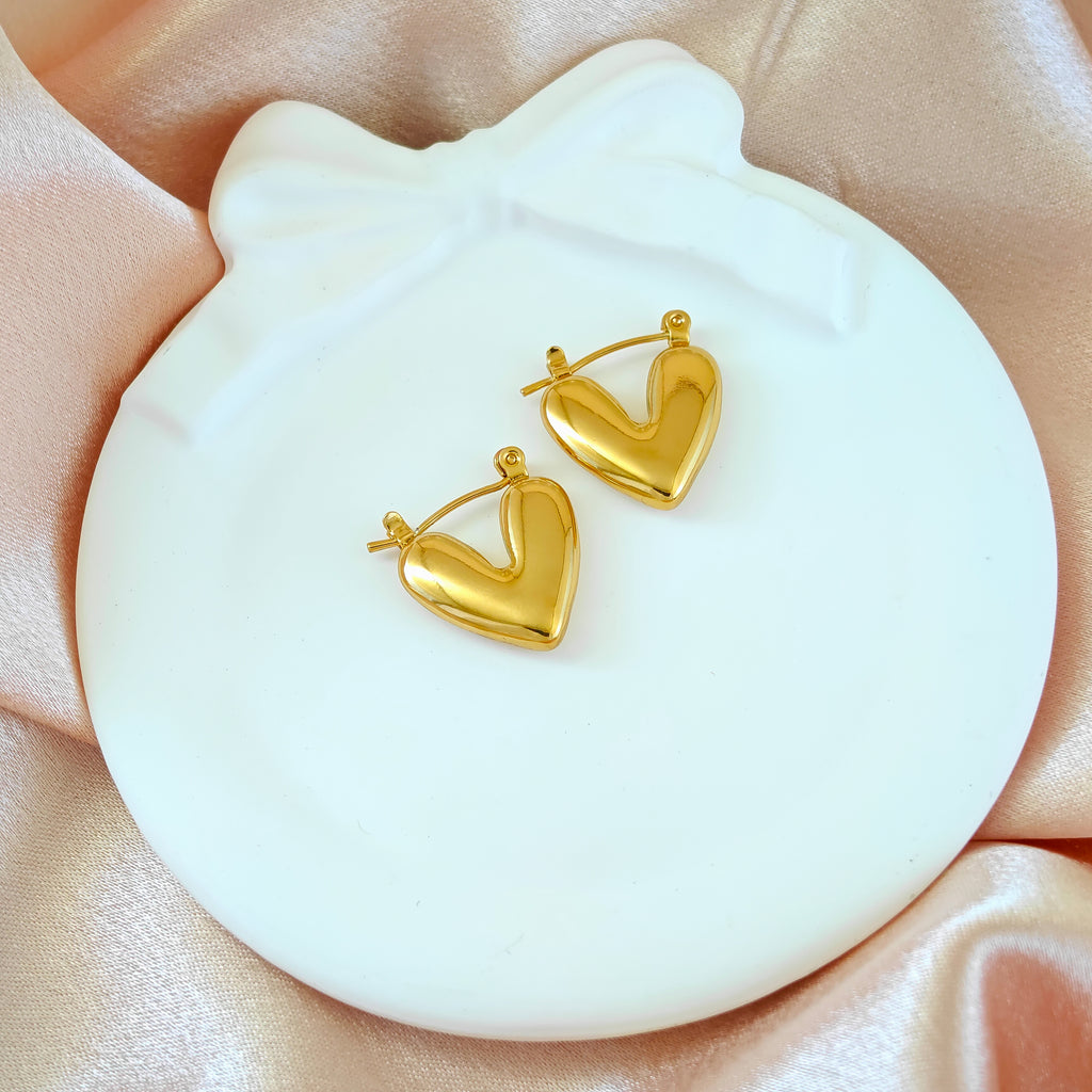Puffy Gold Heart Anti Tarnish Korean Hoops