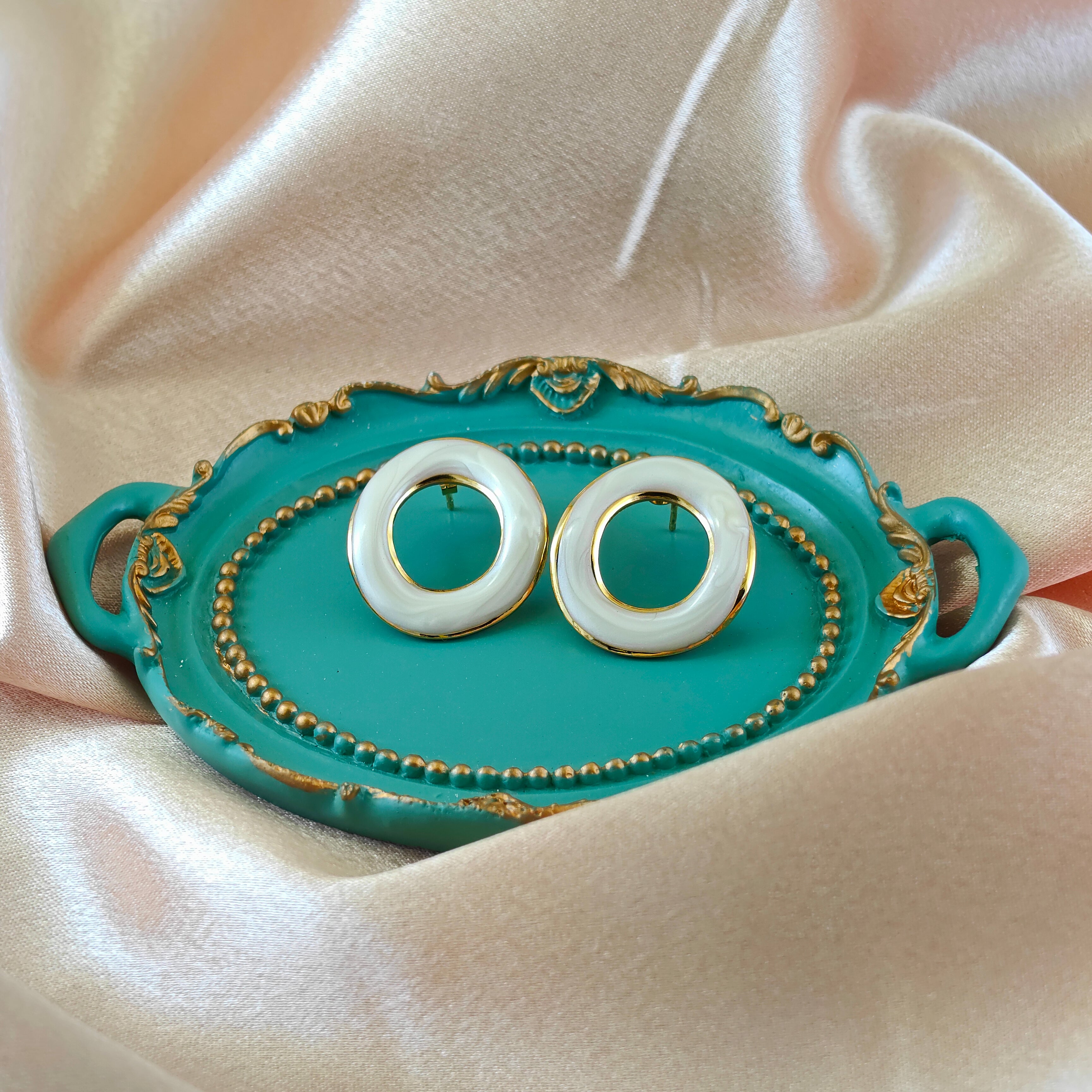 Teal Enamel Anti Tarnish Korean Open Circle Studs