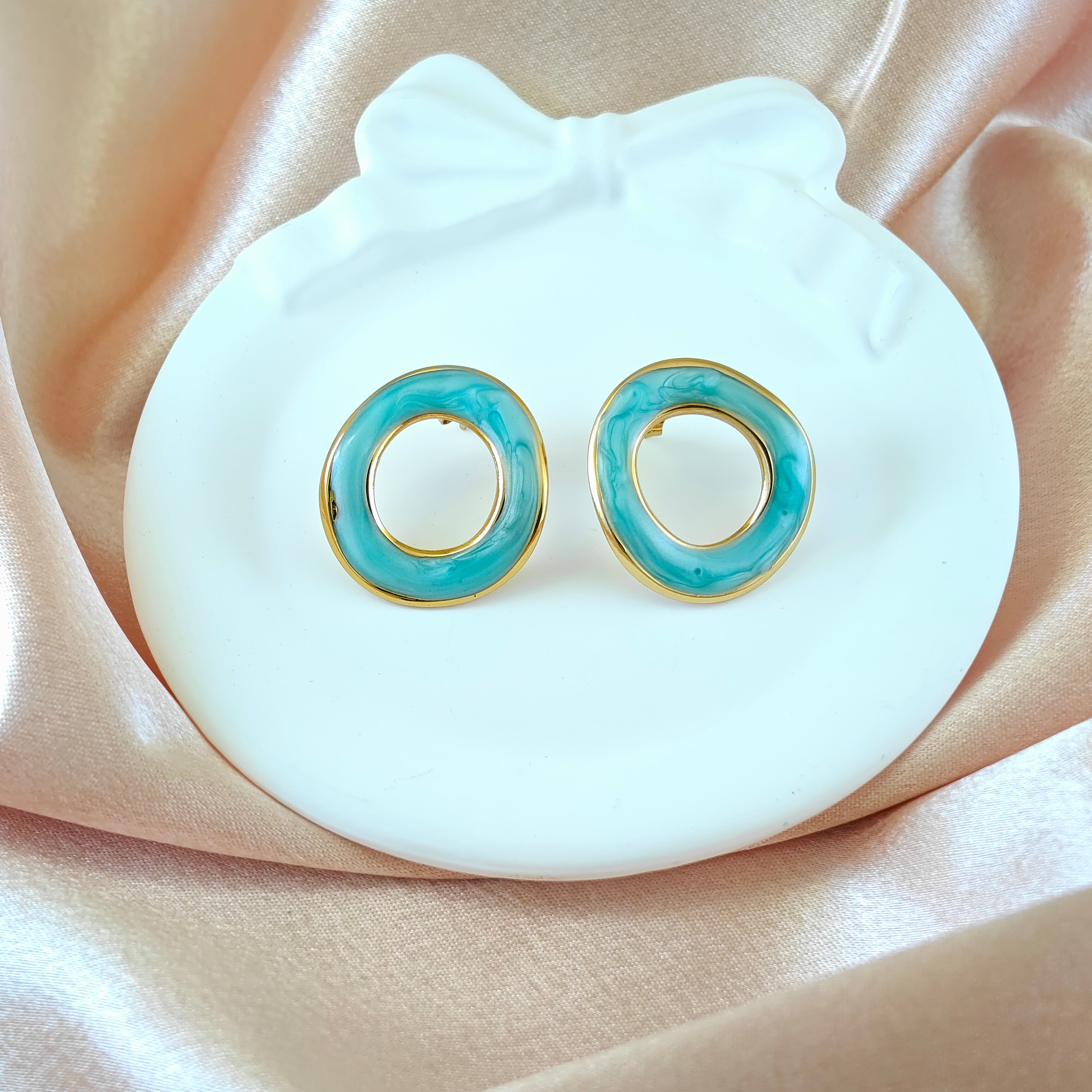 Teal Enamel Anti Tarnish Korean Open Circle Studs
