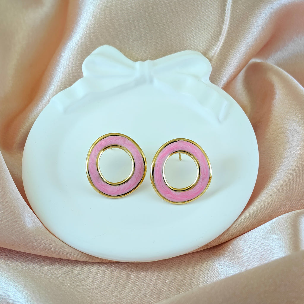 Teal Enamel Anti Tarnish Korean Open Circle Studs