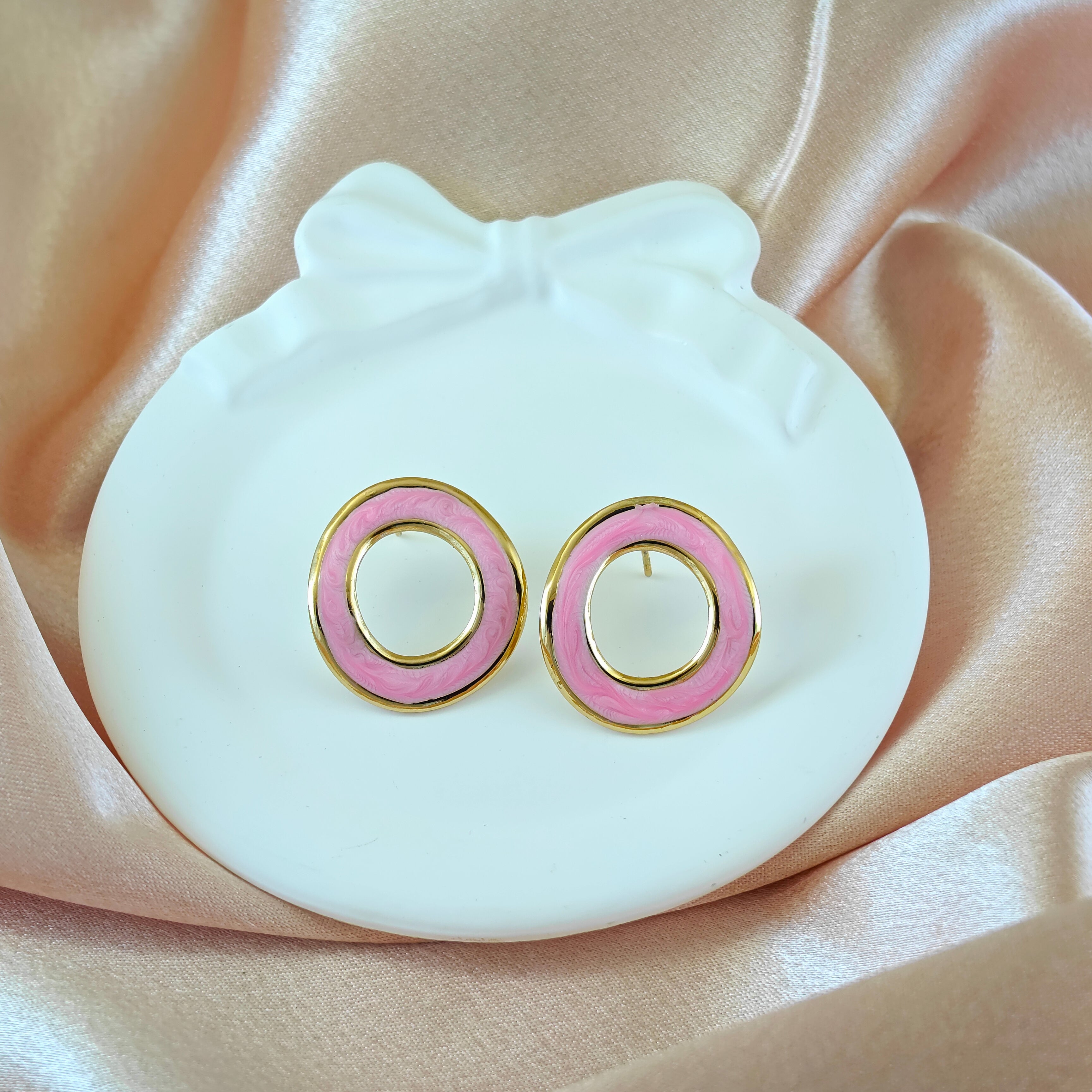 Teal Enamel Anti Tarnish Korean Open Circle Studs