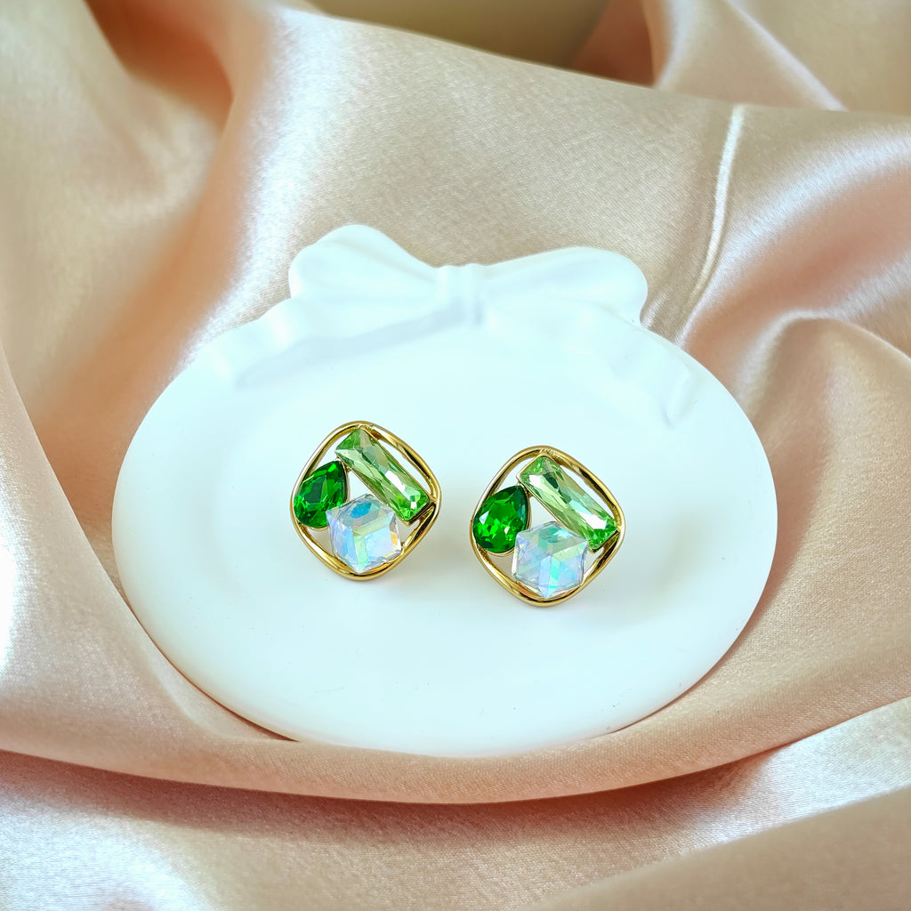 Green Crystal Anti Tarnish Korean Statement Studs