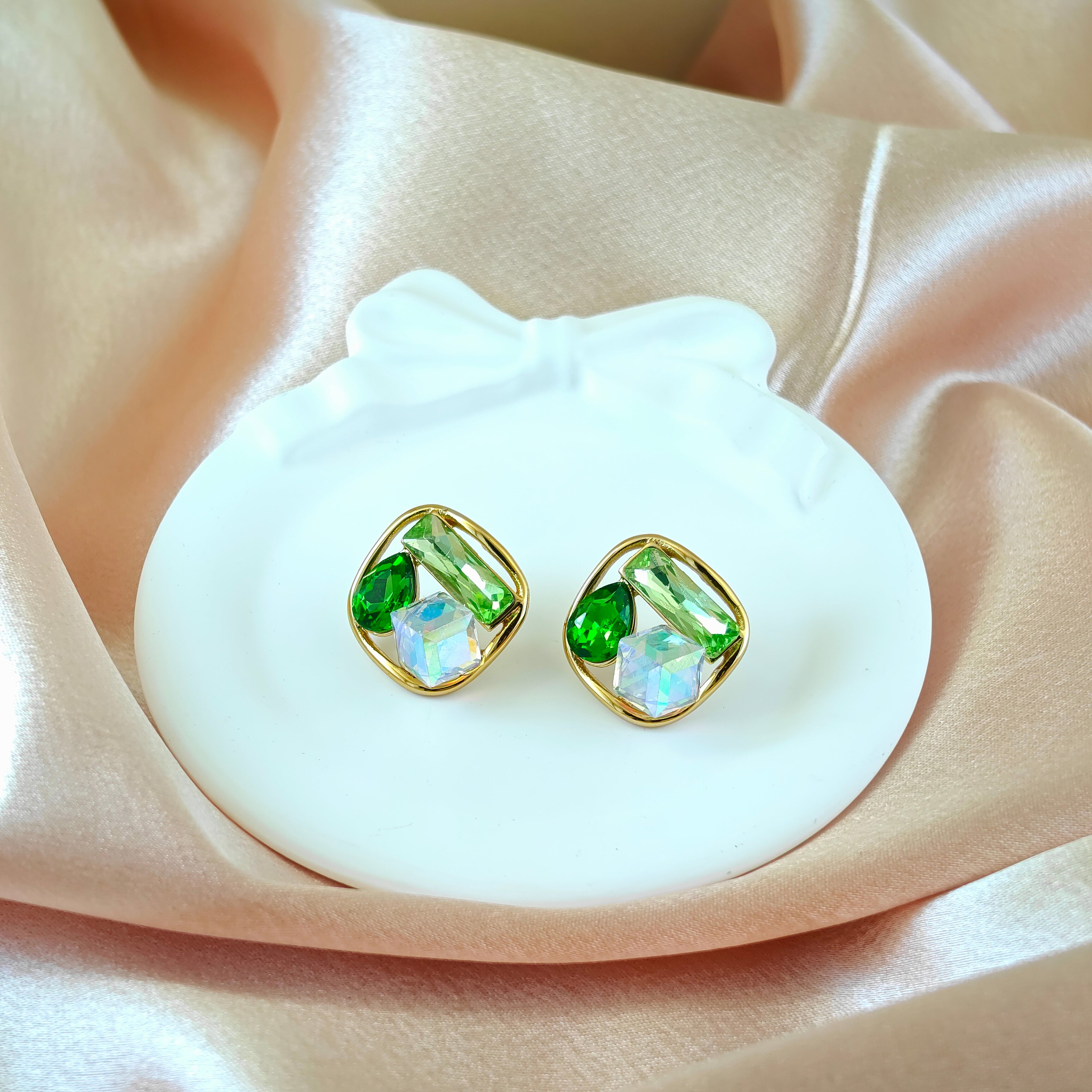 Green Crystal Anti Tarnish Korean Statement Studs