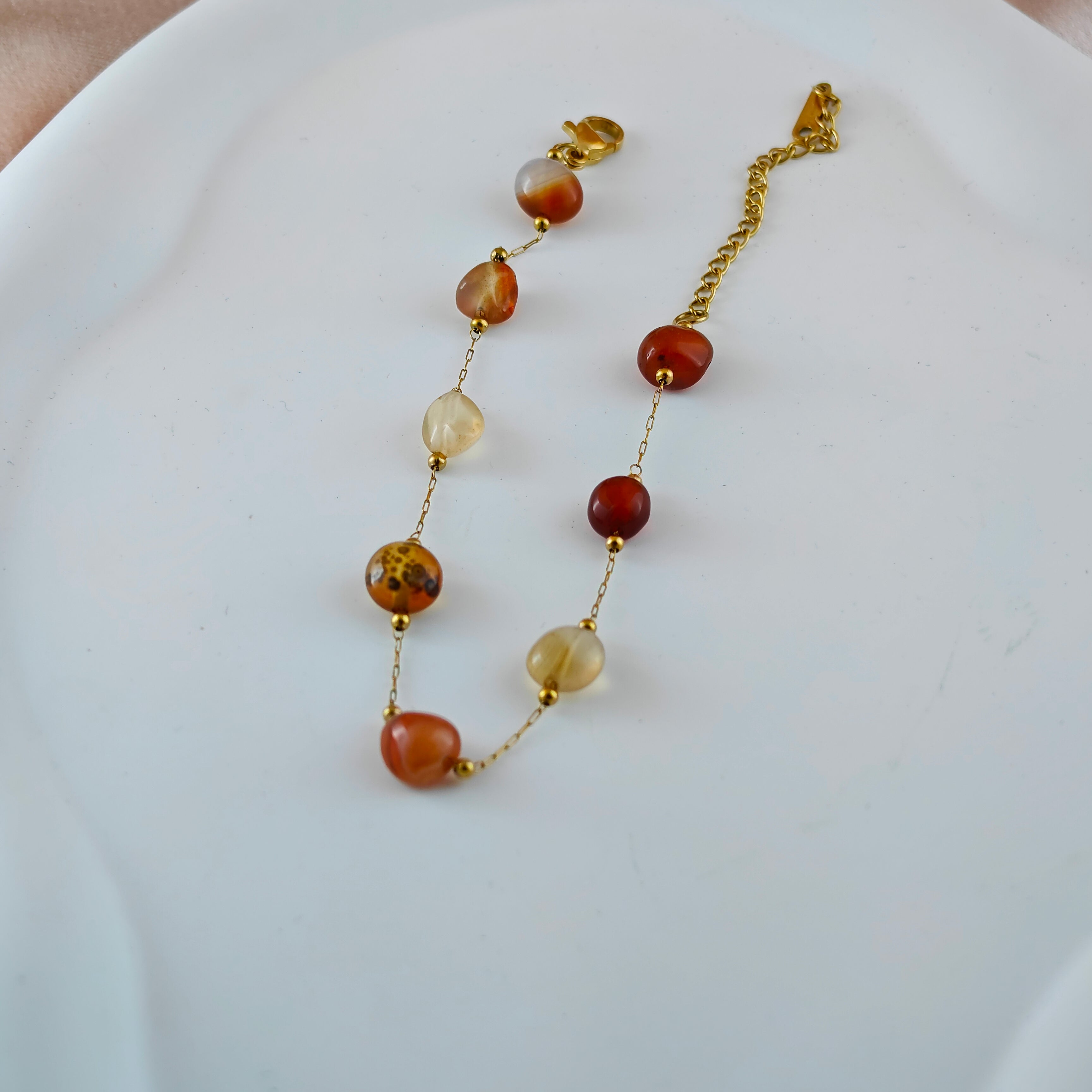 Carnelian Agate Bead Bracelet  Dainty Anti-Tarnish Korean Jewelry