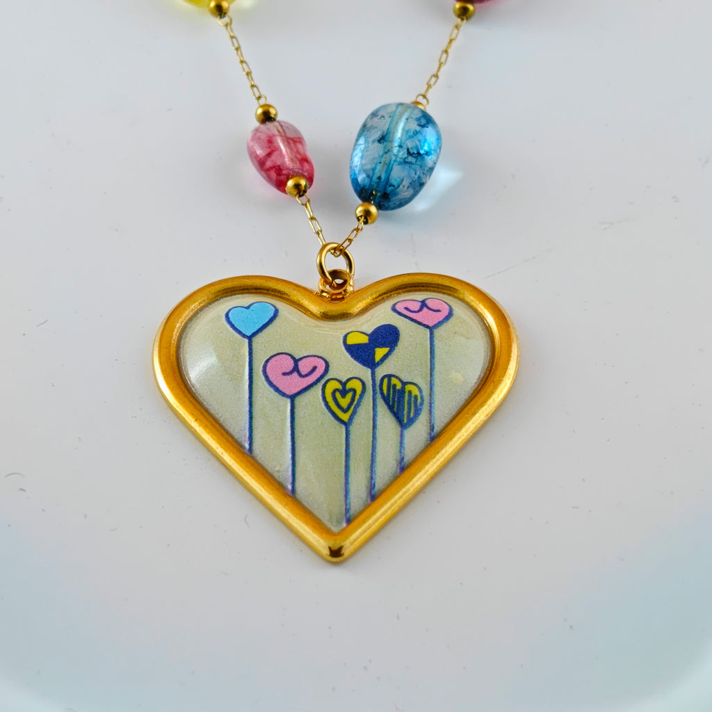 Whimsical Heart Pendant & Colorful Bead Necklace Anti-Tarnish Korean Jewelry