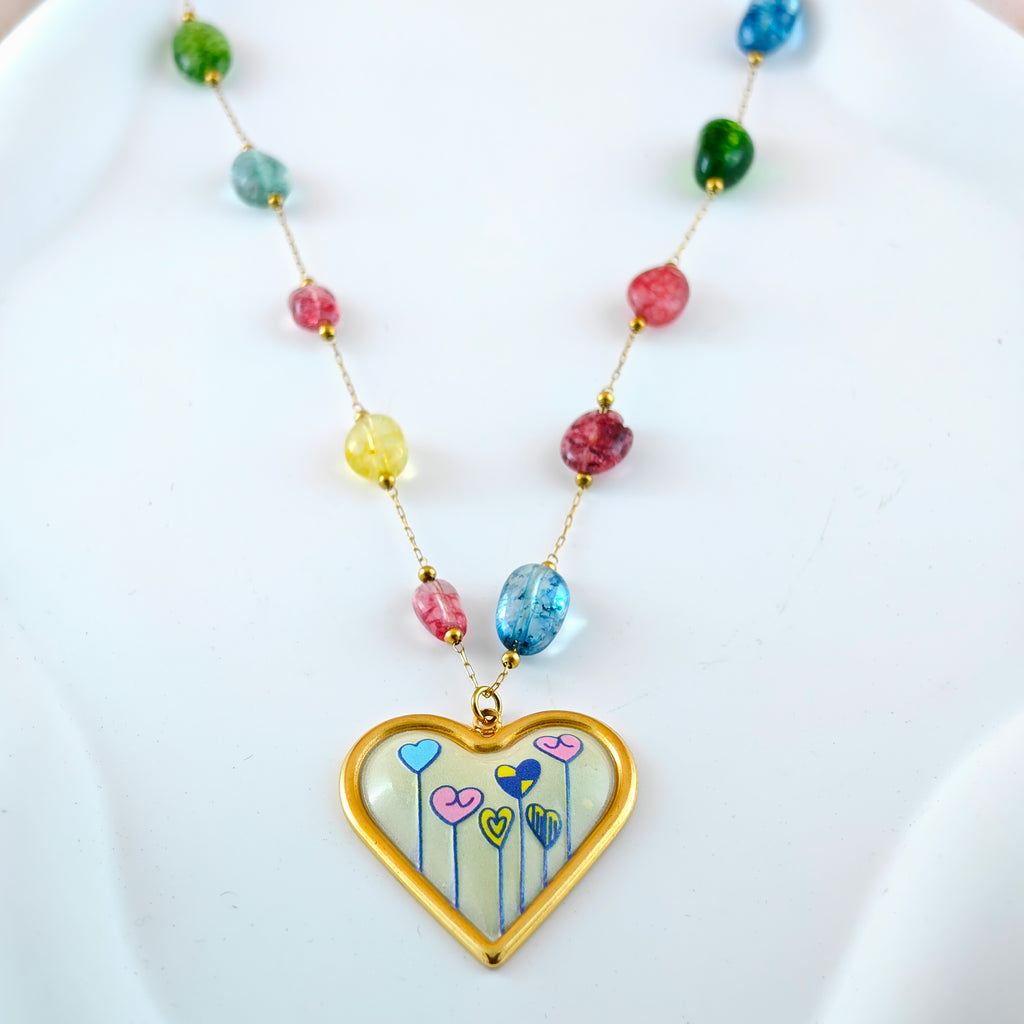 Whimsical Heart Pendant & Colorful Bead Necklace Anti-Tarnish Korean Jewelry