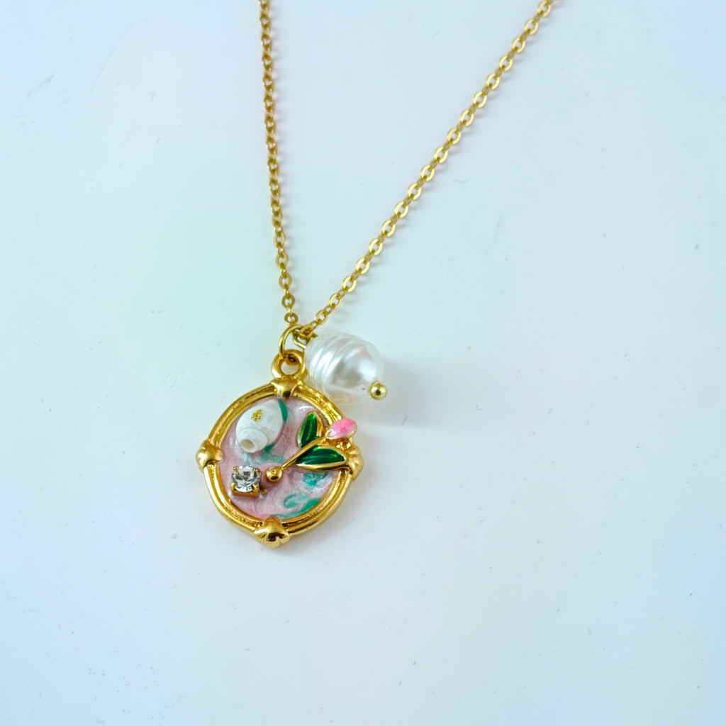 Everyday Gold Chain Necklace Anti-Tarnish Korean Jewelry Floral Enamel Charm
