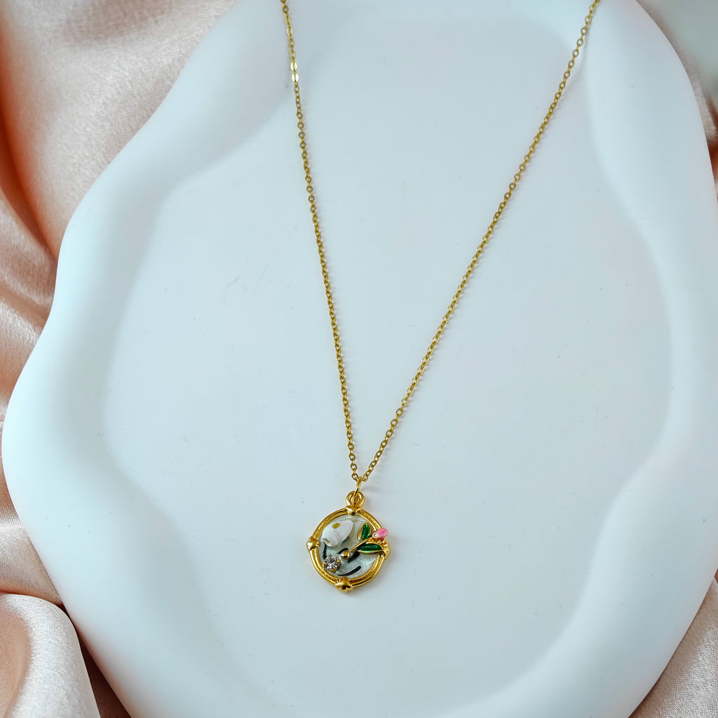 Everyday Gold Chain Necklace Anti-Tarnish Korean Jewelry Floral Enamel Charm