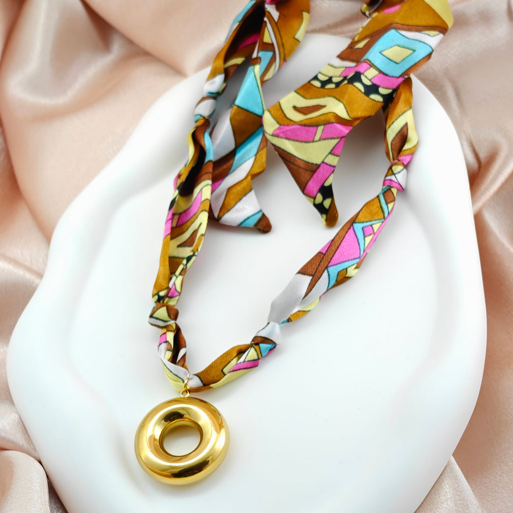 Anti-Tarnish Korean Jewelry Statement Gold Donut Pendant on Colorful Silk Scarf/Ribbon
