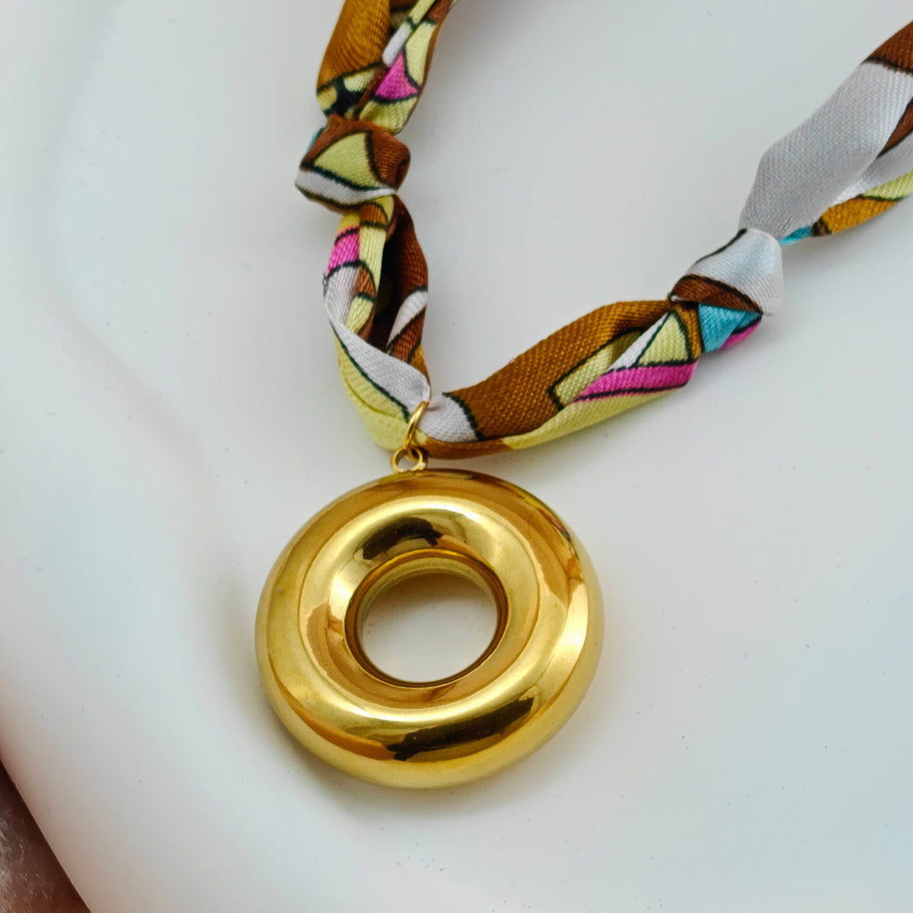 Anti-Tarnish Korean Jewelry Statement Gold Donut Pendant on Colorful Silk Scarf/Ribbon