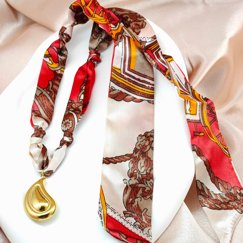Regal Print Fabric Tie Necklace with Gold-Tone Teardrop Pendant  Anti-Tarnish Korean Jewelry