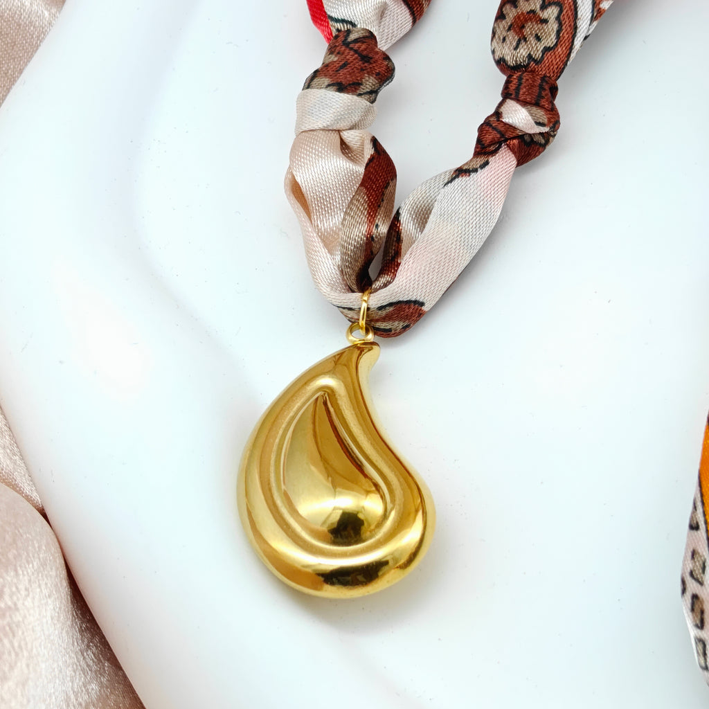 Regal Print Fabric Tie Necklace with Gold-Tone Teardrop Pendant  Anti-Tarnish Korean Jewelry